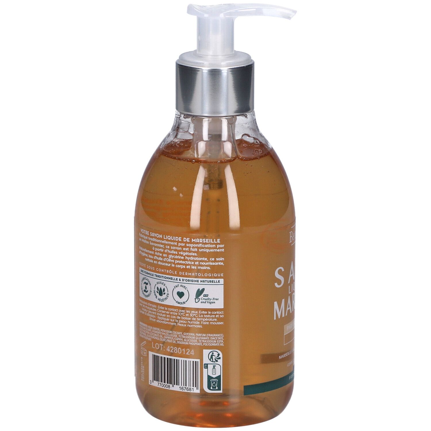 Dos du savon liquide. Texte: Savon Liquide de Marseille, ingrédients, certifications, numéro de lot, code-barres.