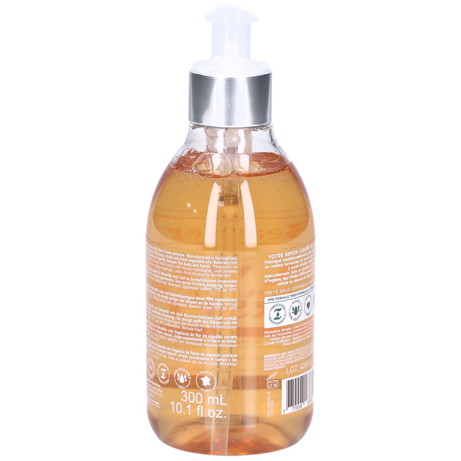 Dos du savon liquide. Texte: Savon Liquide de Marseille, ingrédients, certifications, volume 300 ml, code-barres.