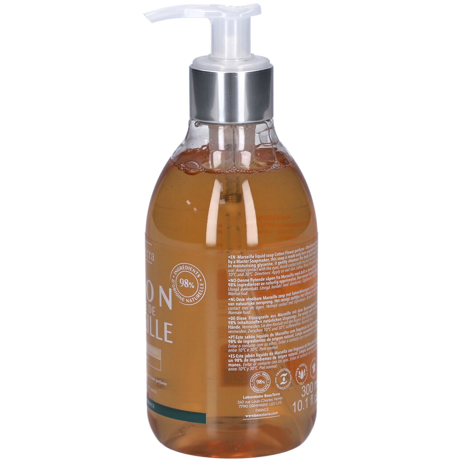 Dos du savon liquide. Texte: Savon Liquide de Marseille, ingrédients, certifications, volume 300 ml, 98% ingrédients naturels.