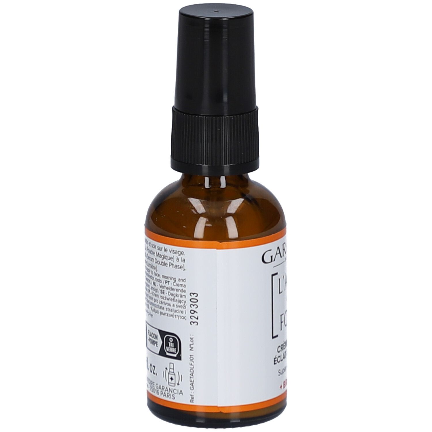 Flacon en verre brun avec pompe noire. Étiquette avec texte et informations. Marque GARANCIA. Nom du produit L'APPEL de la FORÊT.