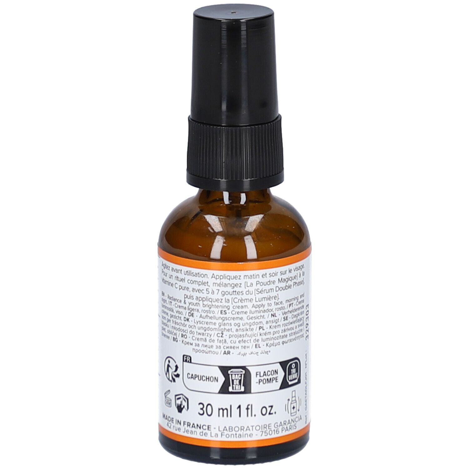 Flacon en verre brun avec pompe noire. Étiquette avec texte et informations. 30 ml. Marque GARANCIA. Nom du produit L'APPEL de la FORÊT.