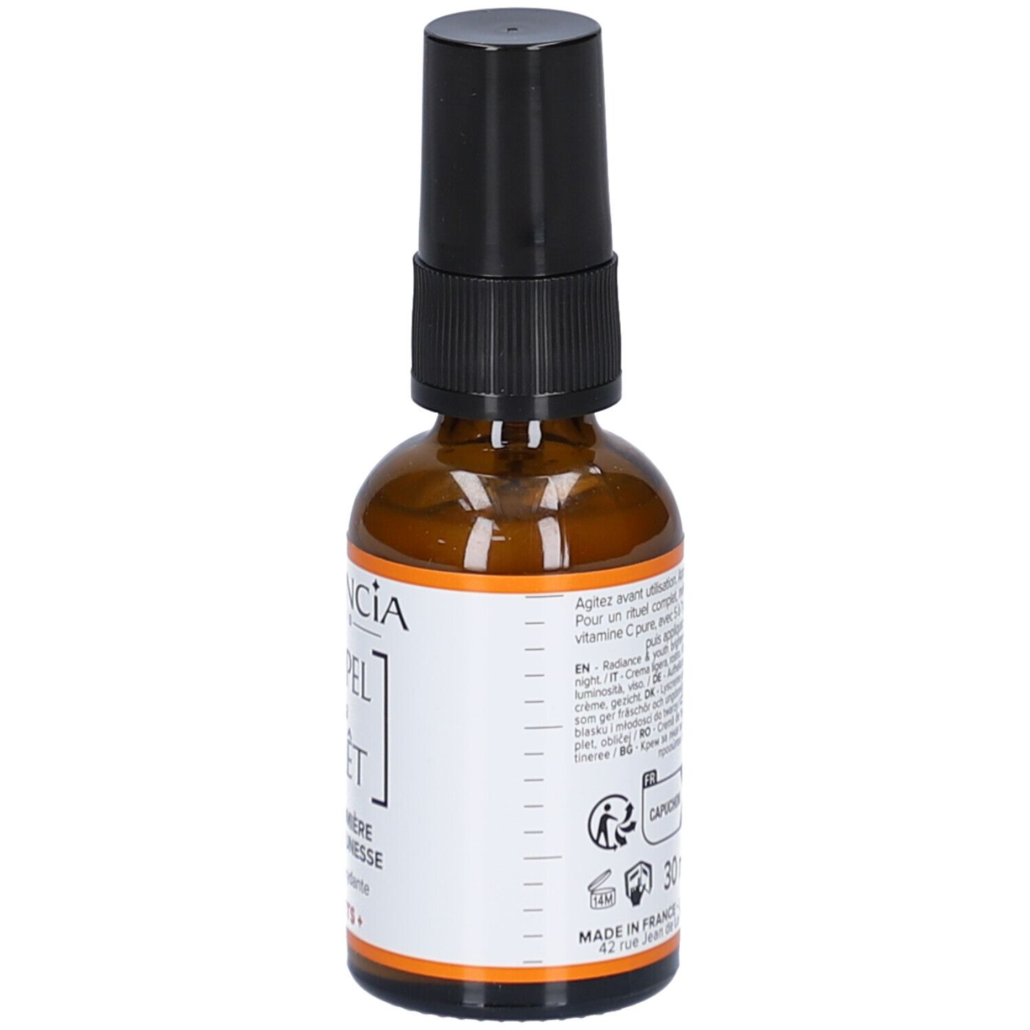 Flacon en verre brun avec pompe noire. Étiquette avec texte et informations. Marque GARANCIA. Nom du produit L'APPEL de la FORÊT.