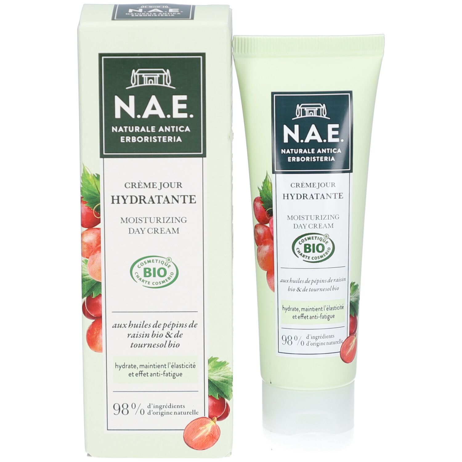 Emballage et tube. Emballage : rectangulaire, blanc-vert. Tube : vert, bouchon blanc. Inscription : N.A.E. Crème Jour Hydratante.