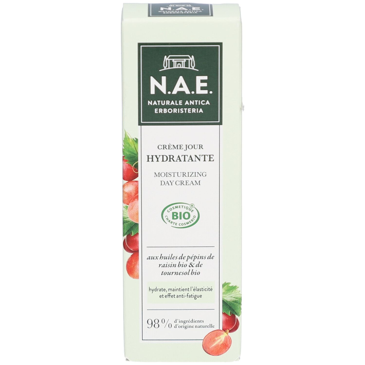 Emballage rectangulaire. Couleurs blanc-vert. Inscription : N.A.E. Crème Jour Hydratante, certification bio, illustration de raisins.