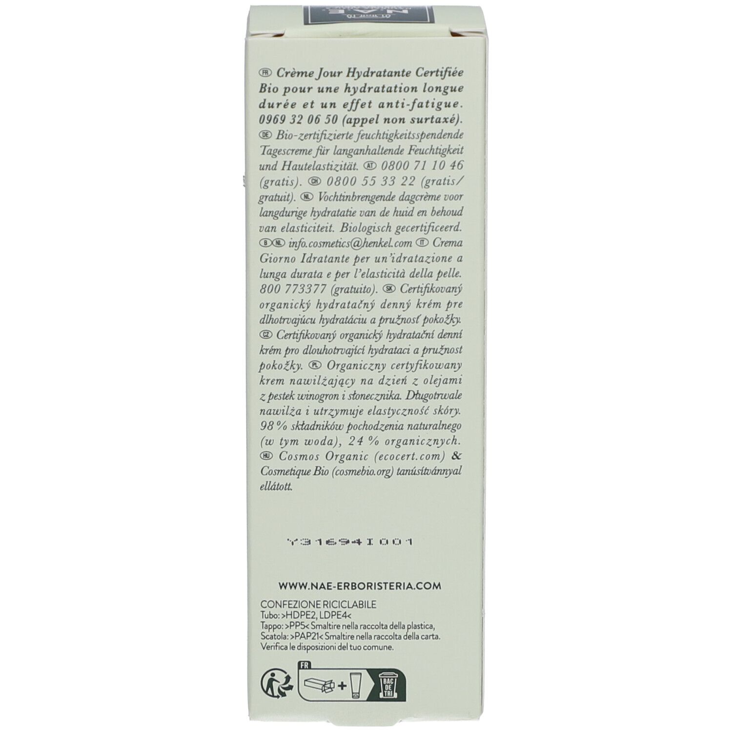 Côté gauche de l'emballage. Texte multilingue. Informations de contact, symbole de recyclage.