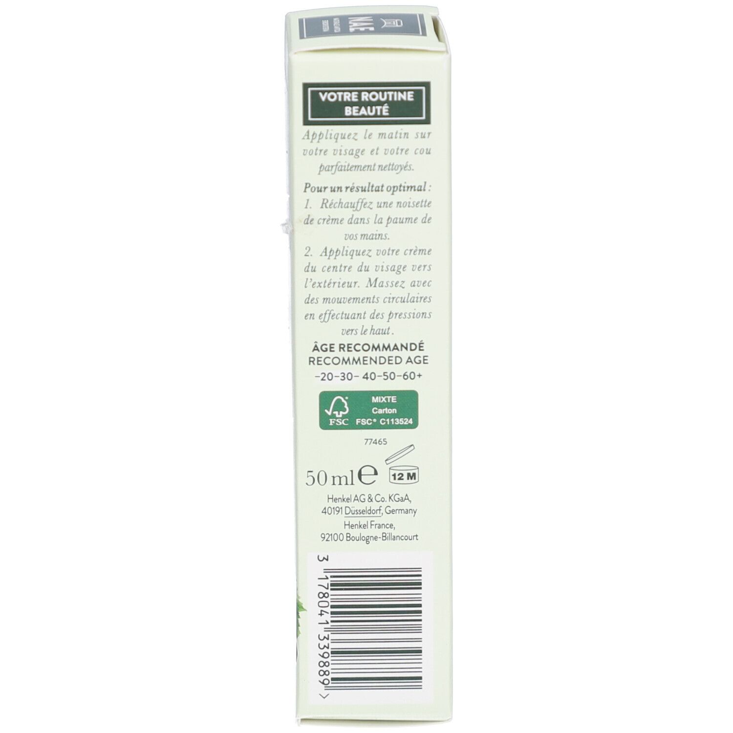 Côté droit de l'emballage. Instructions d'utilisation, indications d'âge, volume 50 ml, symbole de recyclage.