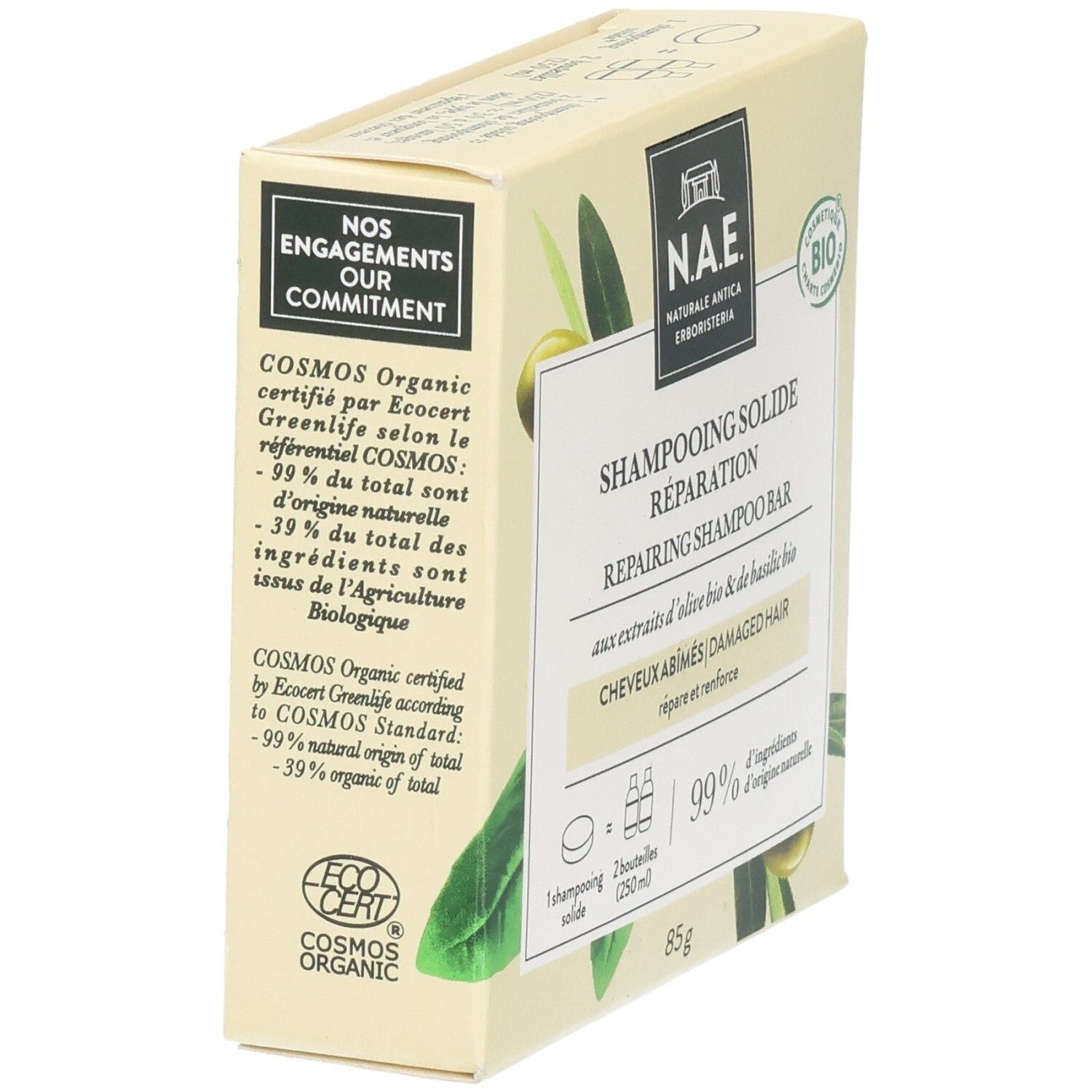 NAE reparierender festes Shampoo für geschädigtes Haar, 85g.