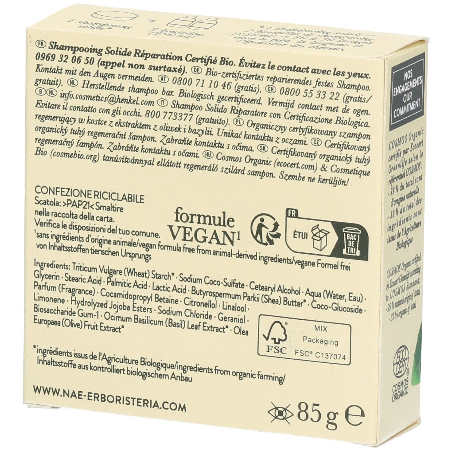 Verpackung eines festen Bio-Shampoos, 85g, mit Vegan- und FSC-Siegeln.