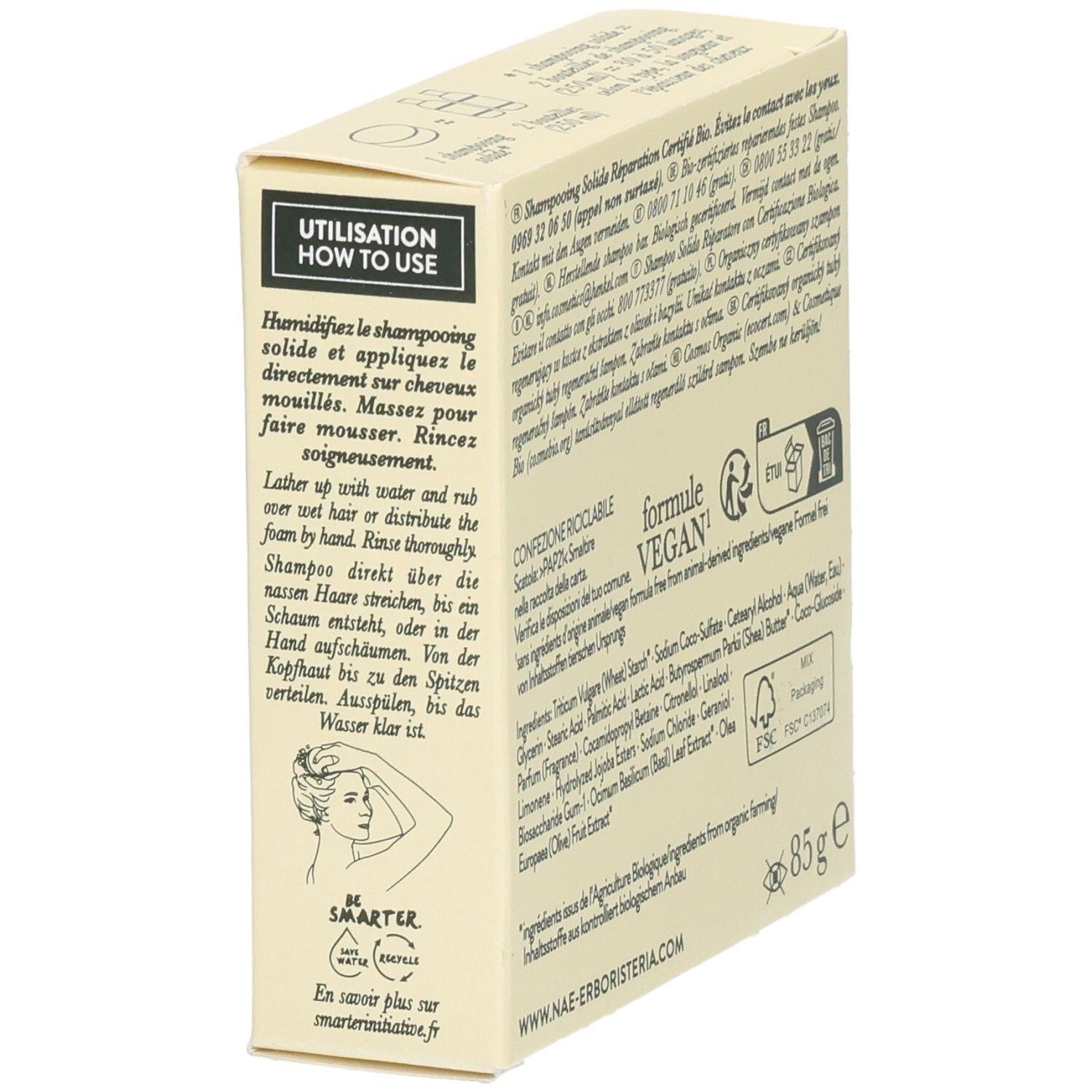 Verpackung eines festen Shampoos, 85g, mit Anweisungen und Inhaltsstoffen.
