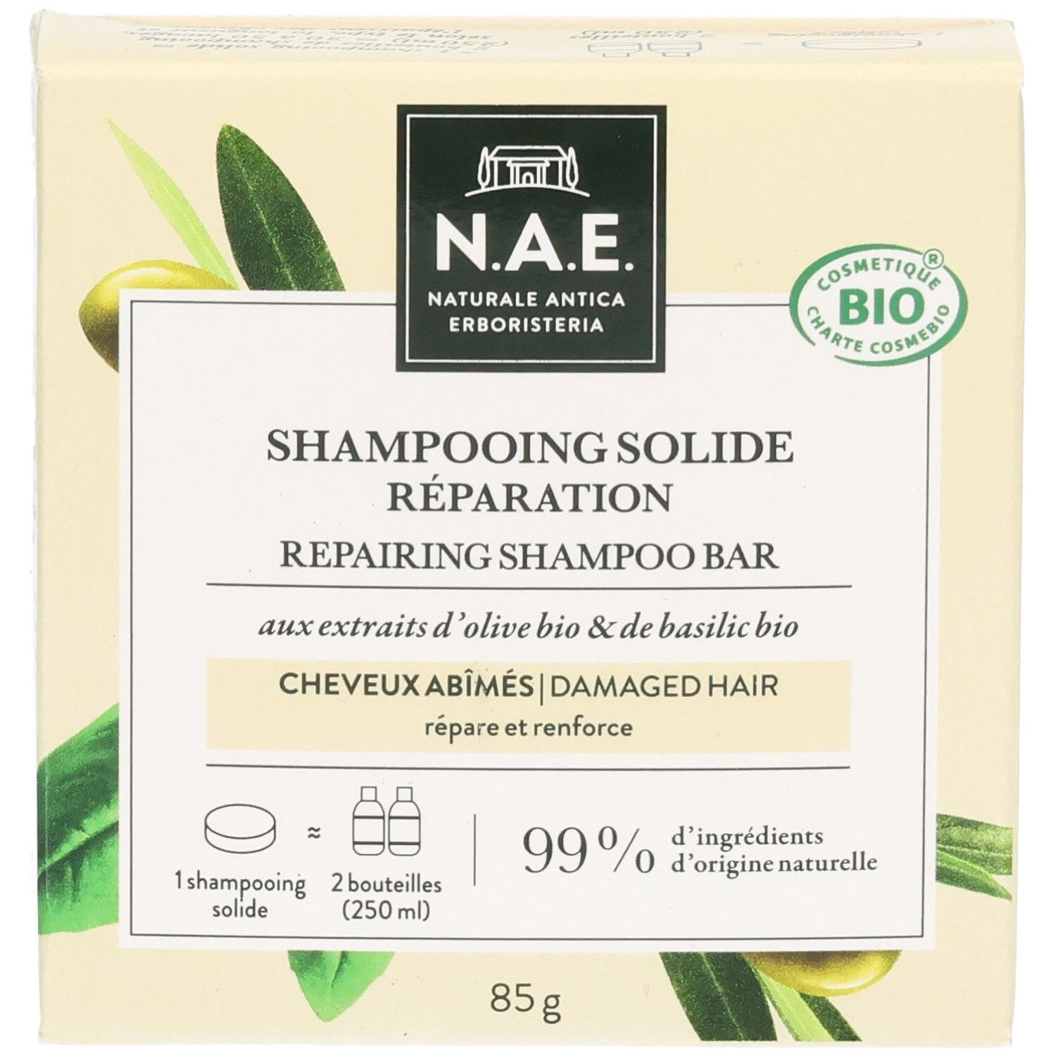 Verpackung für festes Shampoo mit Oliven- und Basilikumextrakt, 85g.