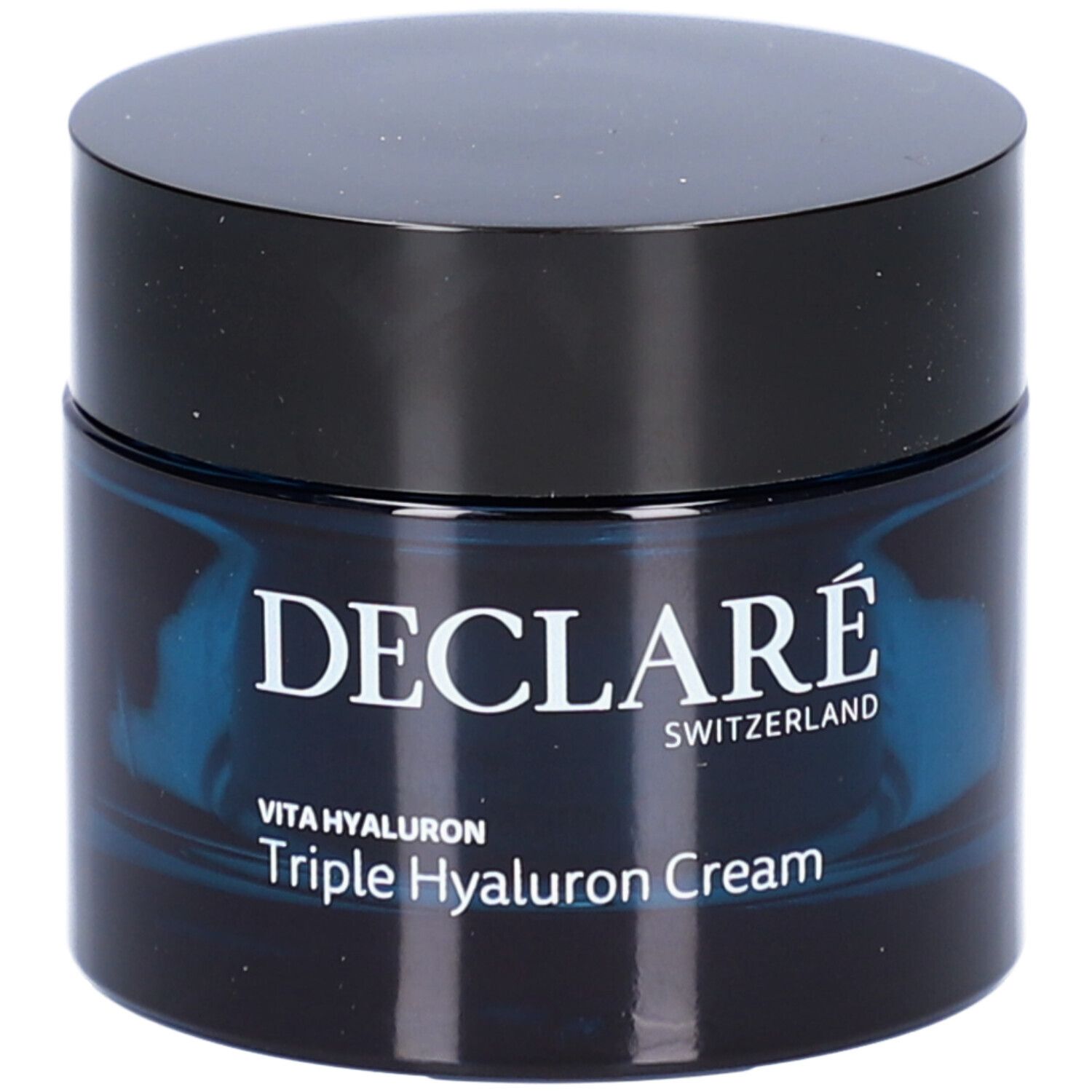 Pot de crème avec couvercle noir. Inscription : DECLARÉ, Vita Hyaluron Triple Hyaluron Cream.