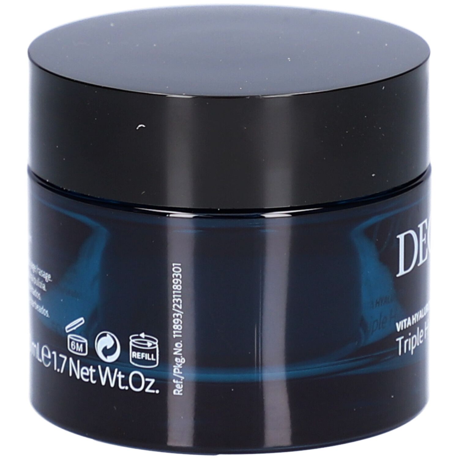 Pot de crème avec couvercle noir. Inscription : DECLARÉ, Vita Hyaluron Triple Hyaluron Cream. Texte au dos.