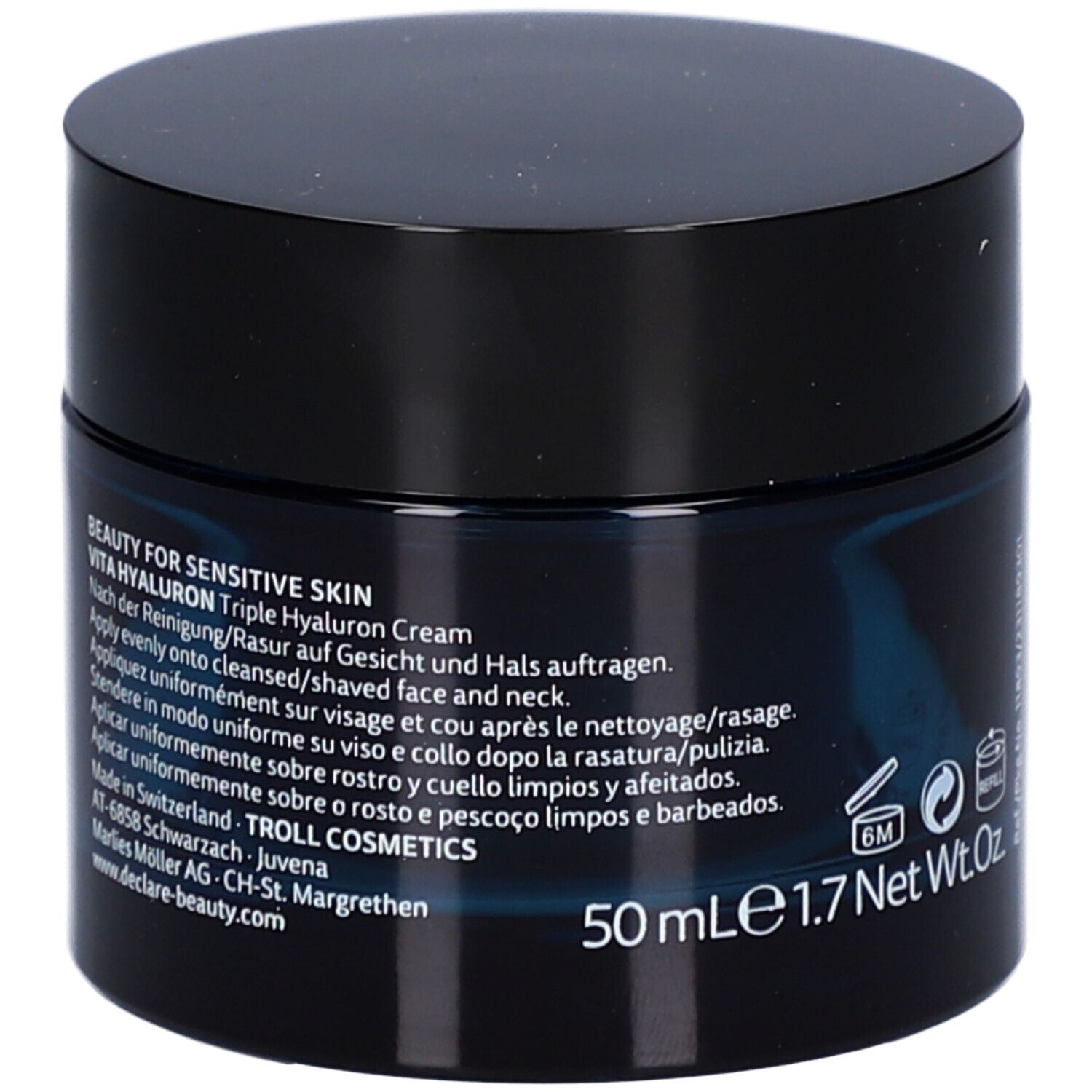 Pot de crème avec couvercle noir. Inscription : DECLARÉ, Vita Hyaluron Triple Hyaluron Cream. Texte au dos.