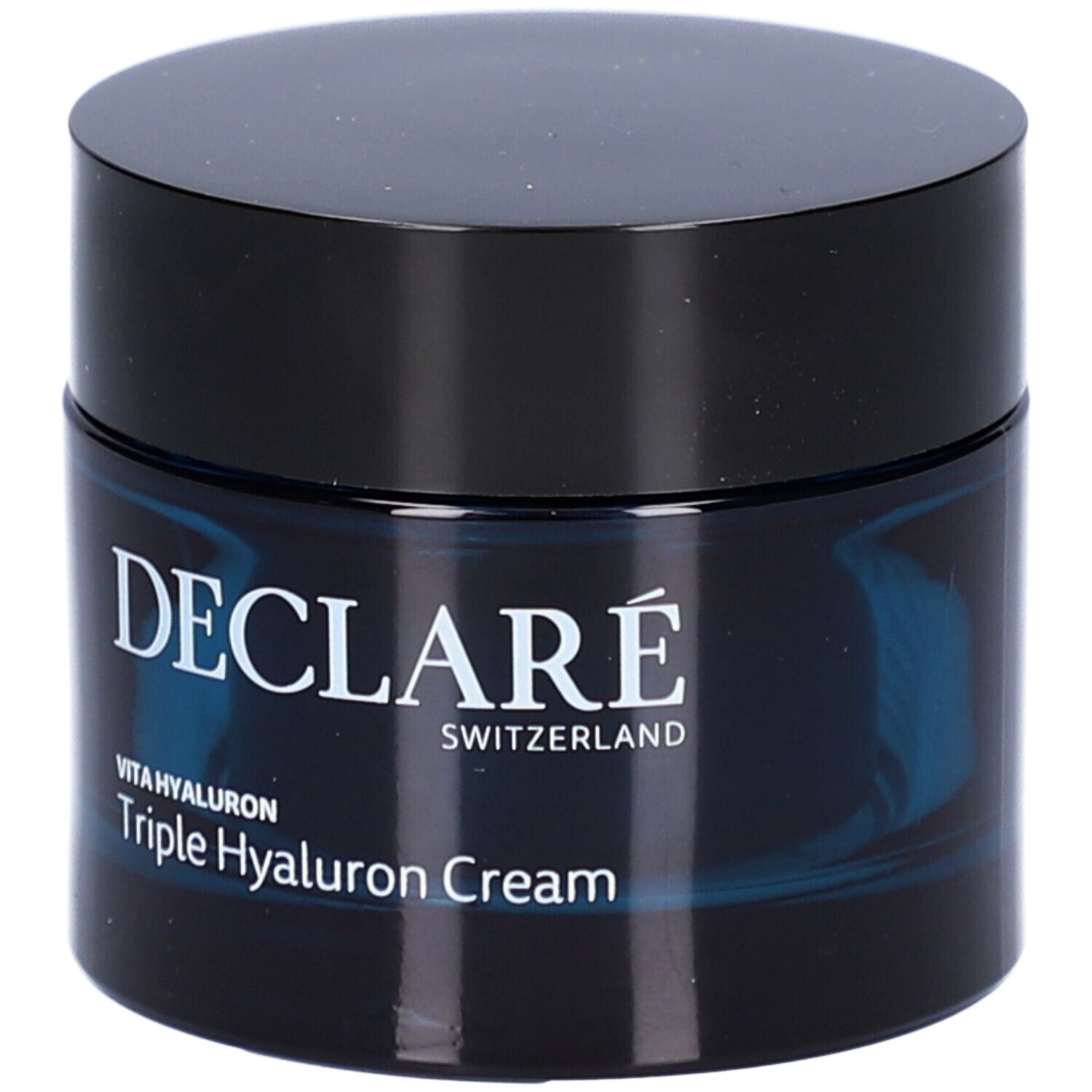 Pot de crème avec couvercle noir. Inscription : DECLARÉ, Vita Hyaluron Triple Hyaluron Cream.