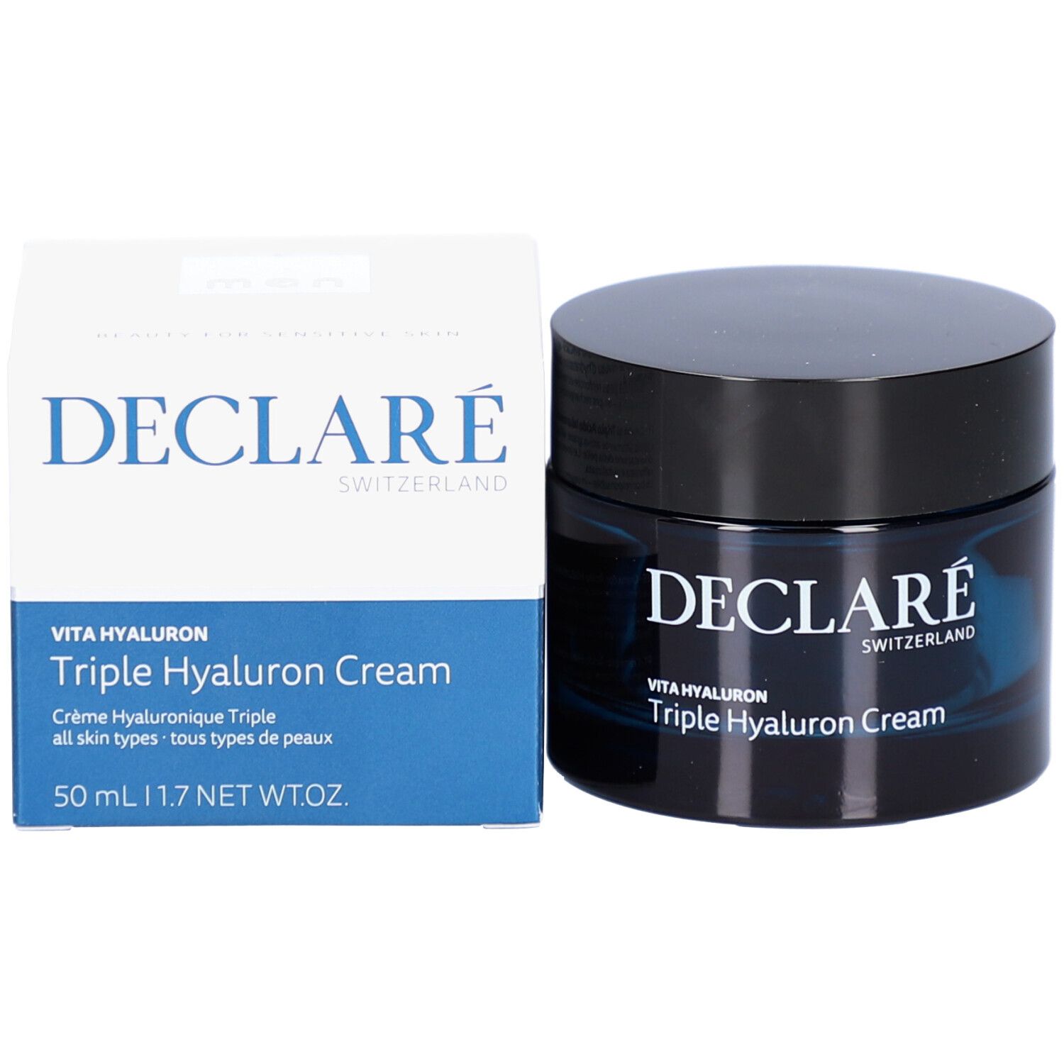 Pot de crème et emballage. Inscription : DECLARÉ, Vita Hyaluron Triple Hyaluron Cream. 50 ml.
