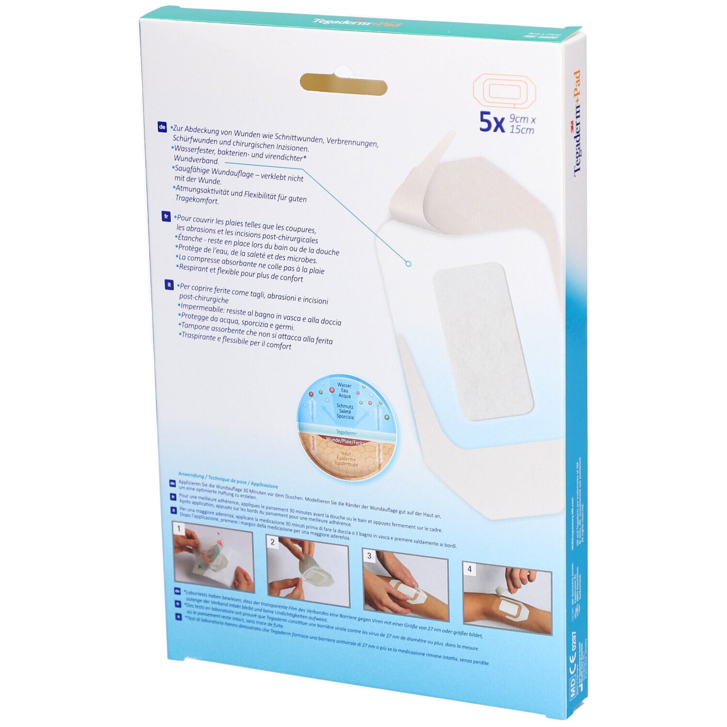 Dos de la boîte 3M Tegaderm+Pad. Montre des exemples d'utilisation et des informations. Contient 5 pansements.