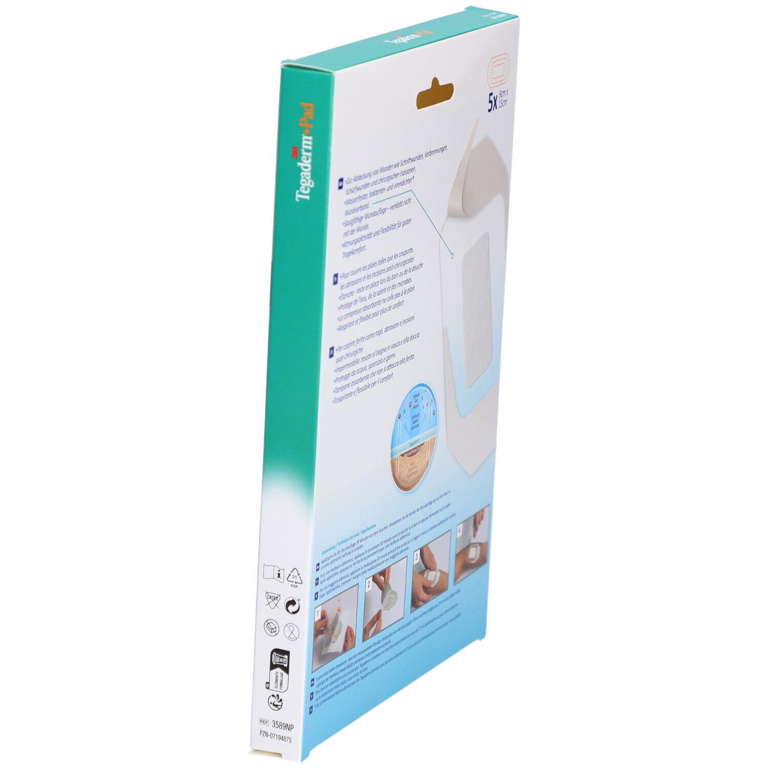 Boîte 3M Tegaderm+Pad en biais. Dos avec informations et exemples d'utilisation. Contient 5 pansements.