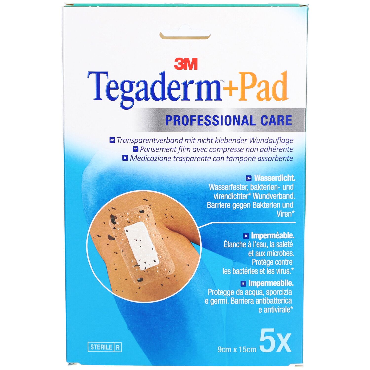 Boîte 3M Tegaderm+Pad. Contient 5 pansements. Dimensions : 9x15 cm. Inscriptions : stérile, imperméable, antibactérien.