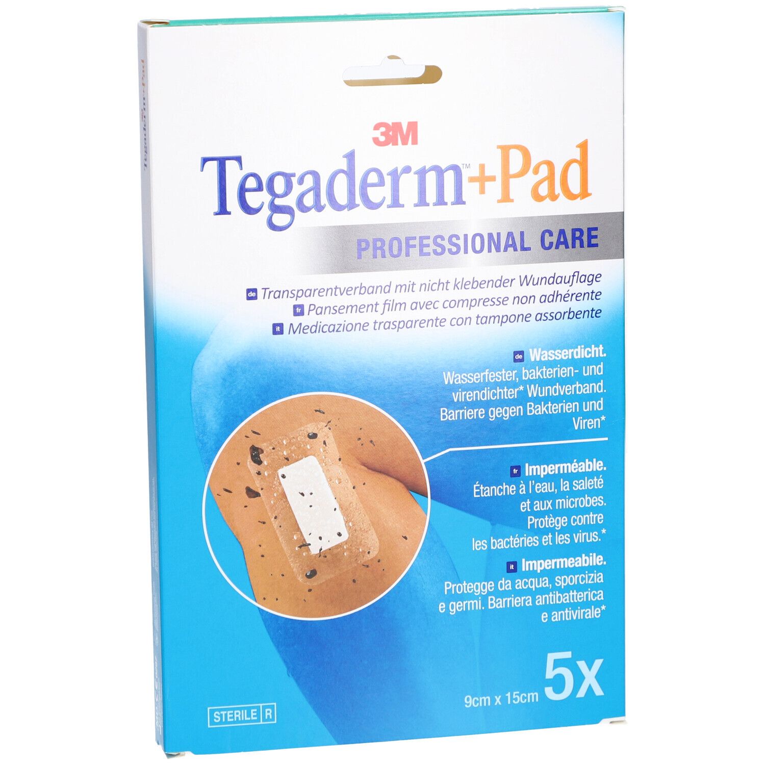 Boîte 3M Tegaderm+Pad. Contient 5 pansements. Dimensions : 9x15 cm. Inscriptions : stérile, imperméable, antibactérien.