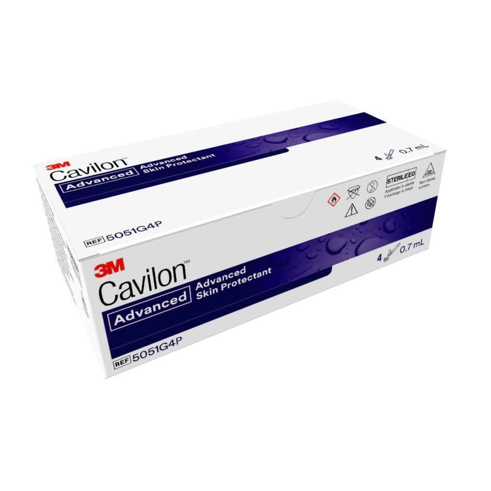 Boîte blanche avec texte bleu. Inscription: 3M Cavilon Advanced Skin Protectant. Contient 4 x 0,7 ml.