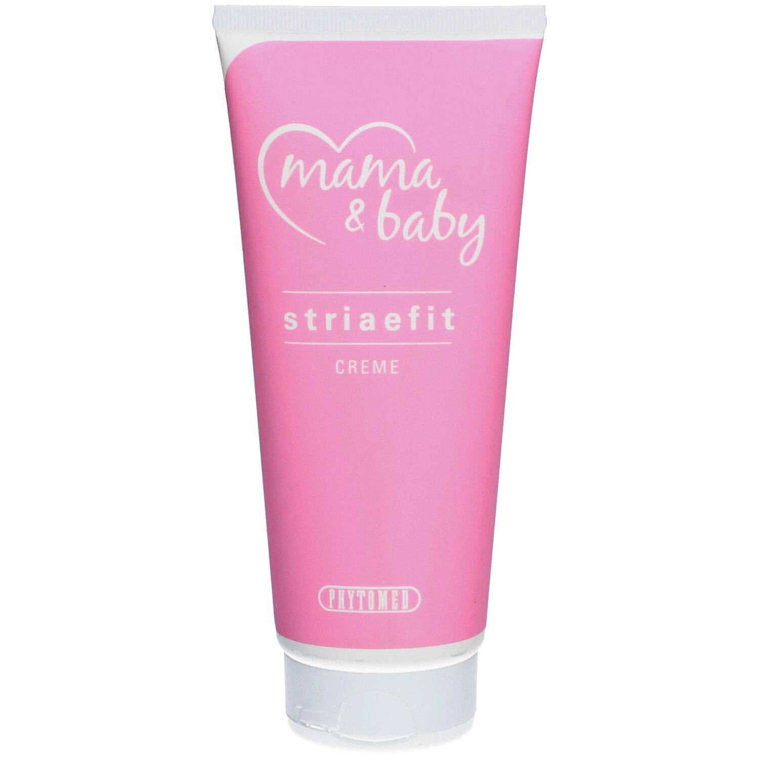 Rosa Tube mit weißem Deckel. Aufschrift: Mama & Baby, Striaefit Creme. Herz-Logo.