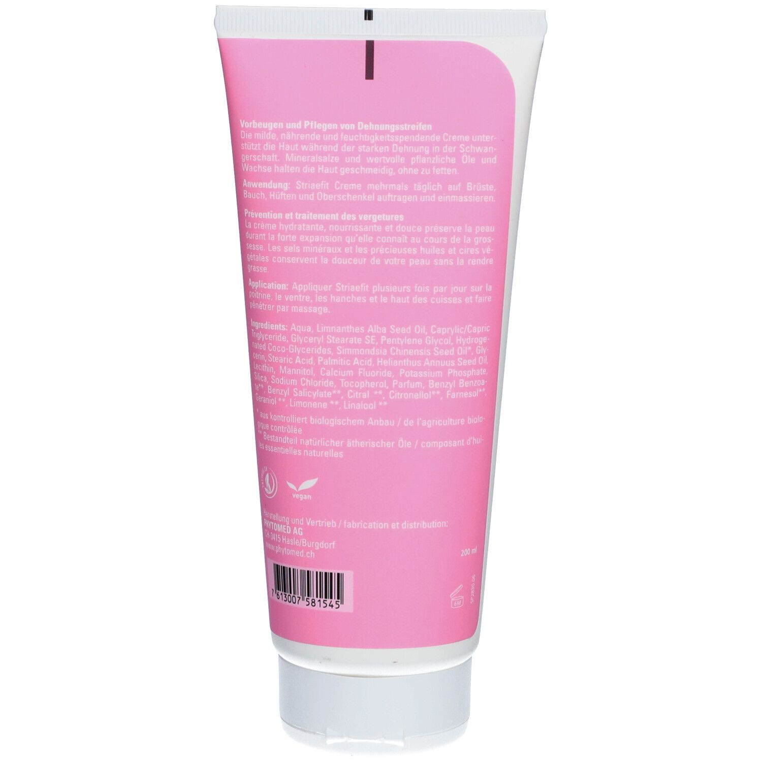 Rückseite der rosa Tube. Text in deutscher Sprache. Inhaltsstoffe und Herstellerangaben.