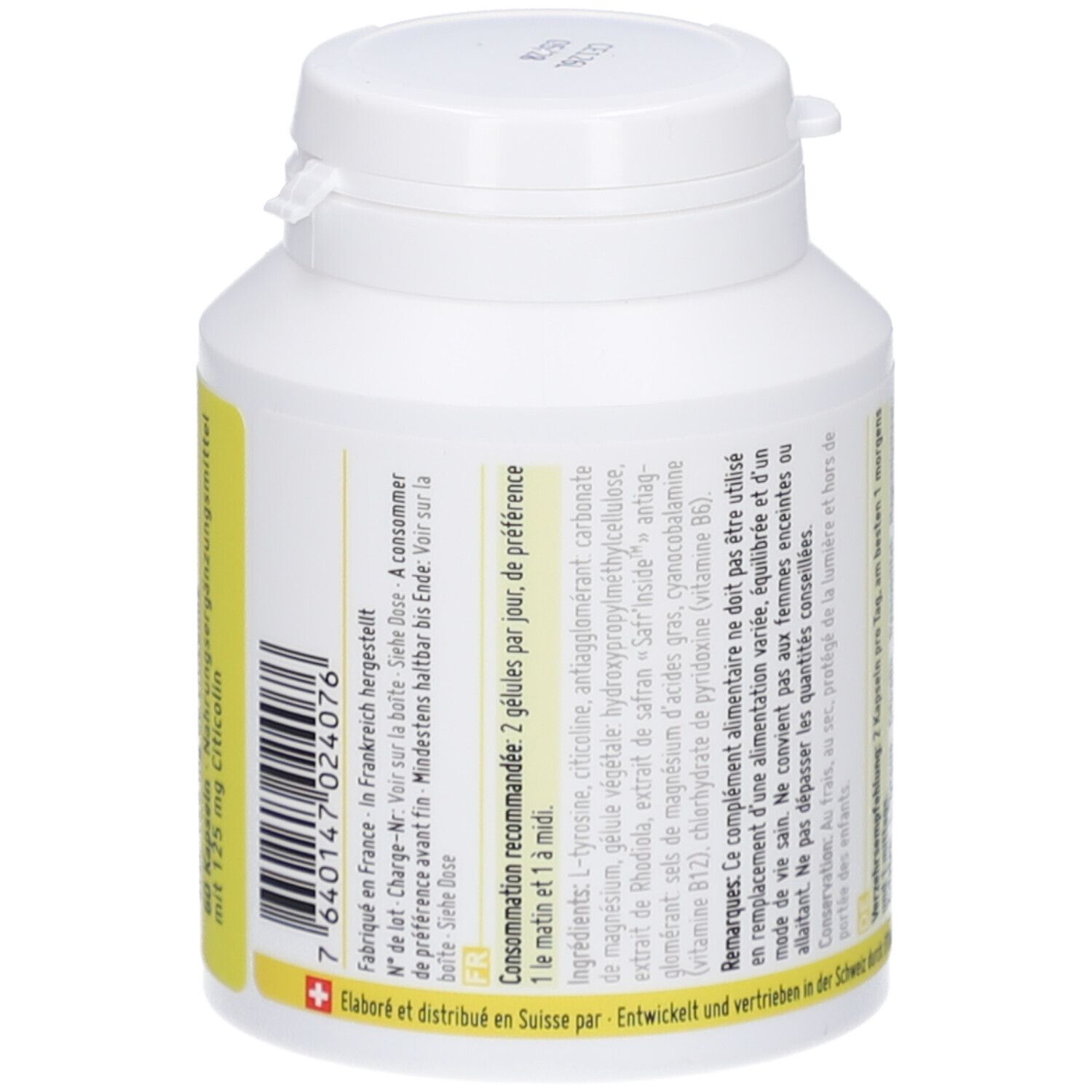 Weiße Kapsel-Dose mit gelbem Etikett. Text: Hergestellt in Frankreich, Mindesthaltbarkeit. Schweizer Kreuz.