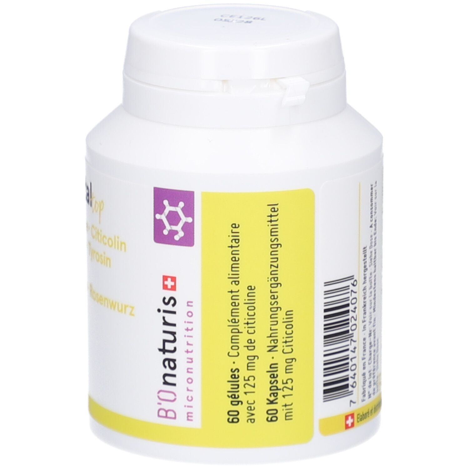 Weiße Kapsel-Dose mit gelbem Etikett. Text: 60 Kapseln, Citicolin, Tyrosin, Rosenwurz. B'onaturis Logo.