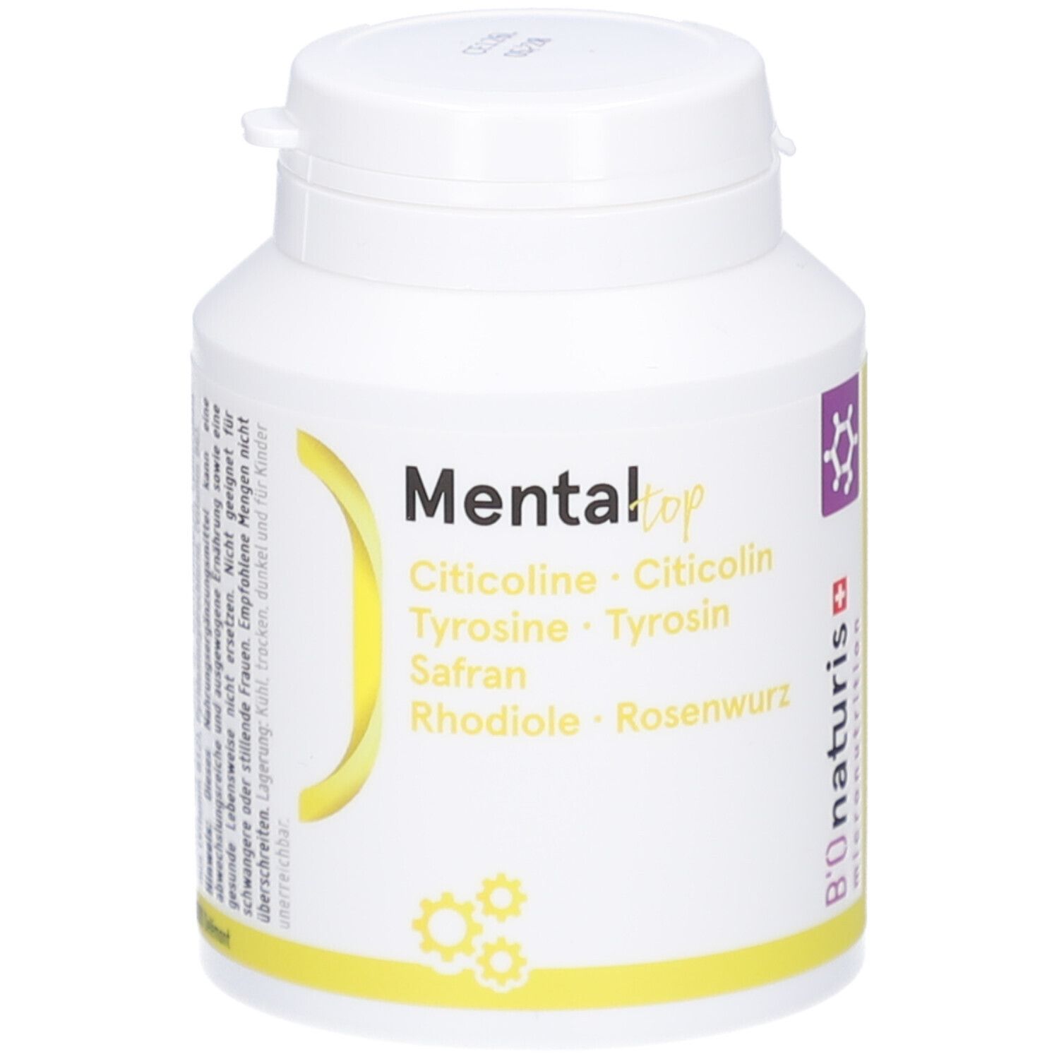 Weiße Kapsel-Dose mit Text: Mental Top, Citicolin, Tyrosin, Safran, Rosenwurz. B'onaturis Logo.