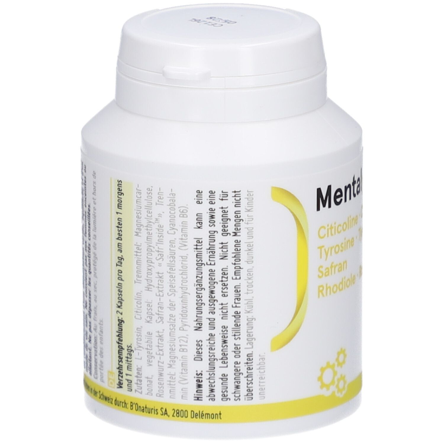 Weiße Kapsel-Dose mit gelbem Etikett. Text: Verzehrempfehlung, Inhaltsstoffe, Hinweis. Schweizer Kreuz.