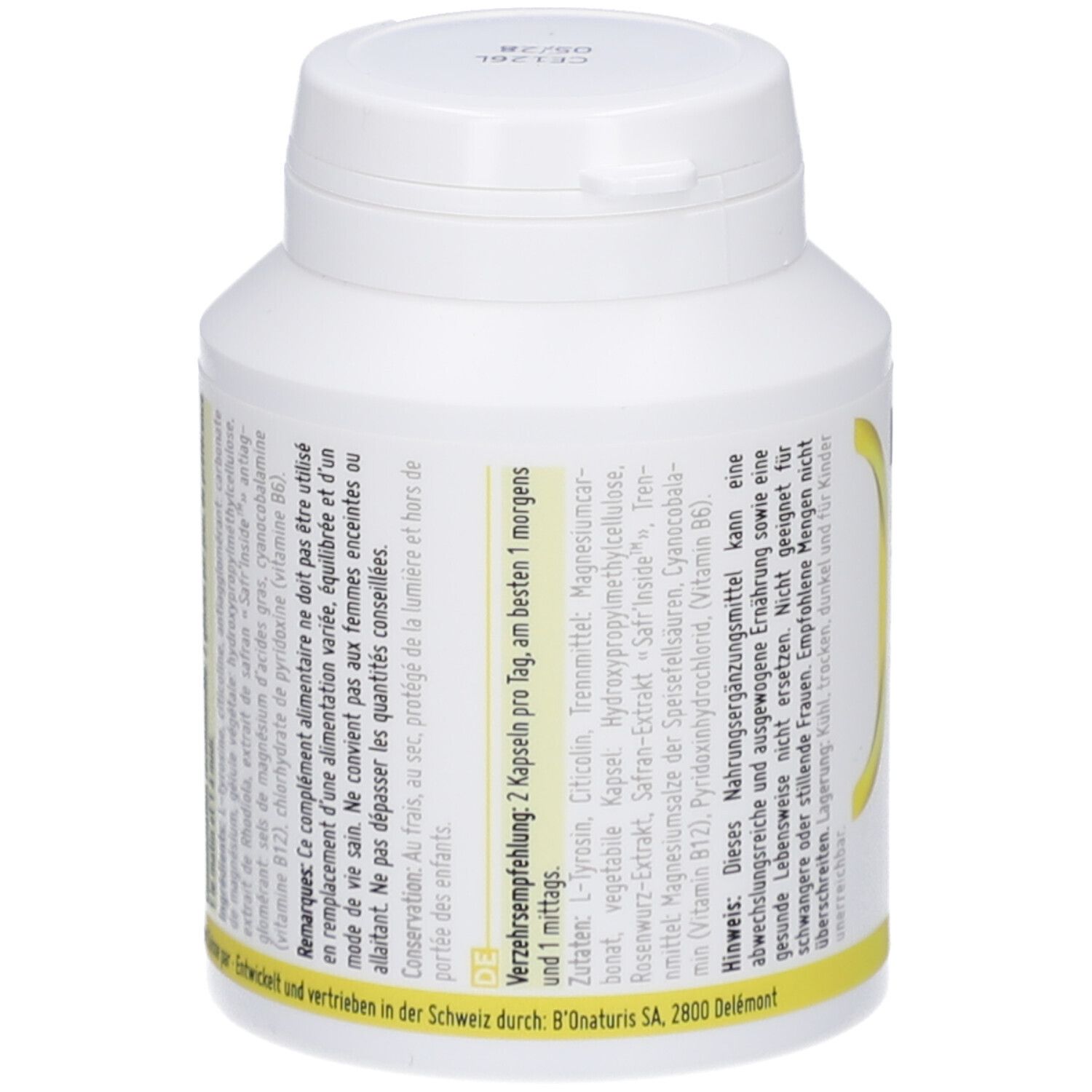 Weiße Kapsel-Dose mit gelbem Etikett. Text: Verzehrempfehlung, Inhaltsstoffe, Hinweis. Schweizer Kreuz.