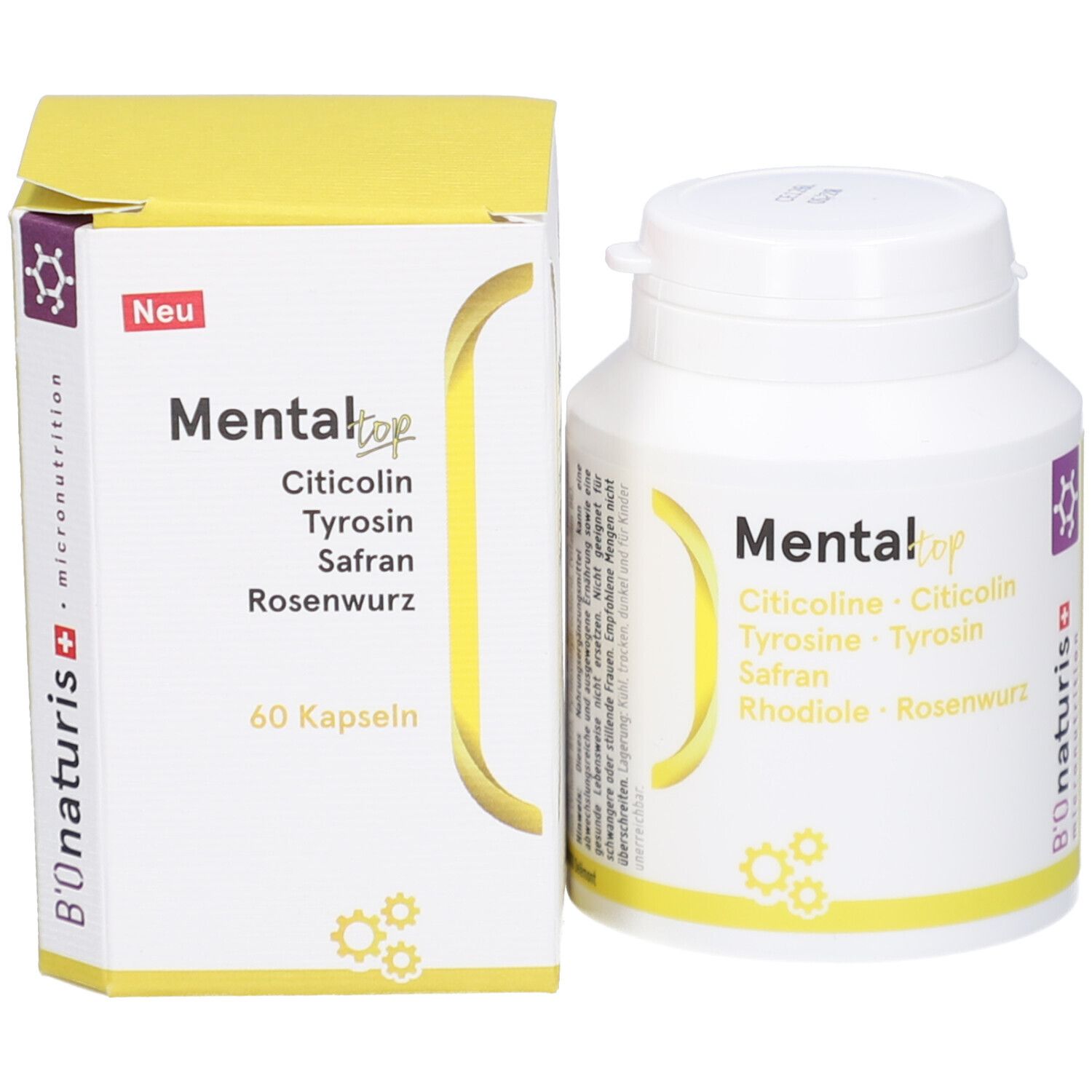 Produktpackung und Dose. Packung: Mental Top, 60 Kapseln. Dose: Mental Top, Citicolin, Tyrosin, Safran, Rosenwurz.