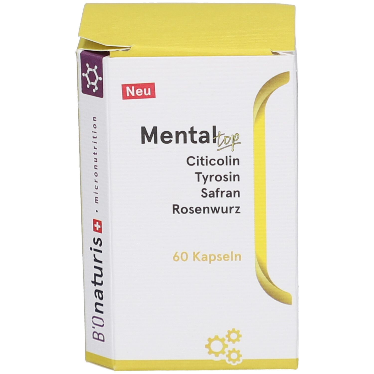 Produktpackung mit Text: Mental Top, Citicolin, Tyrosin, Safran, Rosenwurz, 60 Kapseln. B'onaturis Logo.