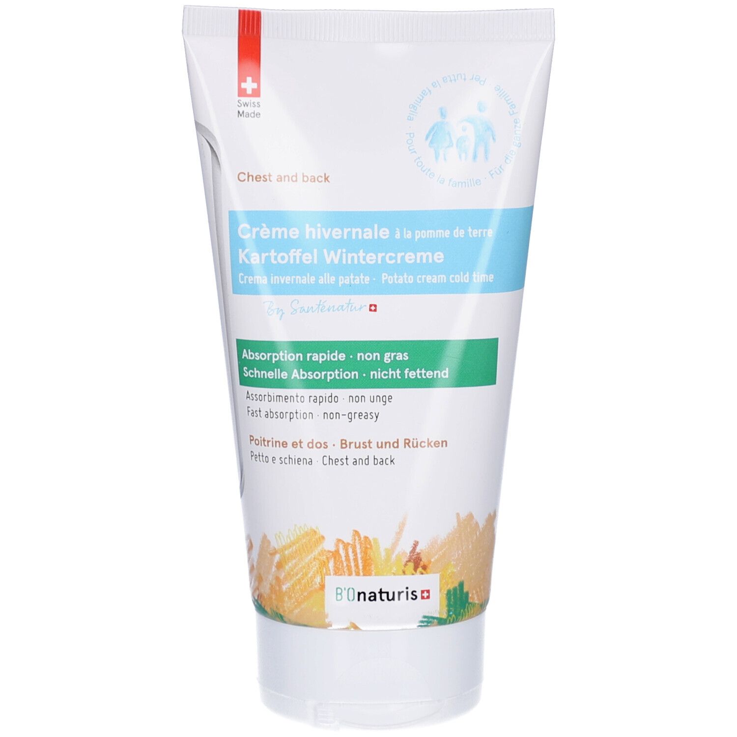 Creme-Tube mit Text. "Crème hivernale à la pomme de terre". Schweizer Kreuz. Bionaturis Logo. "Chest and back".