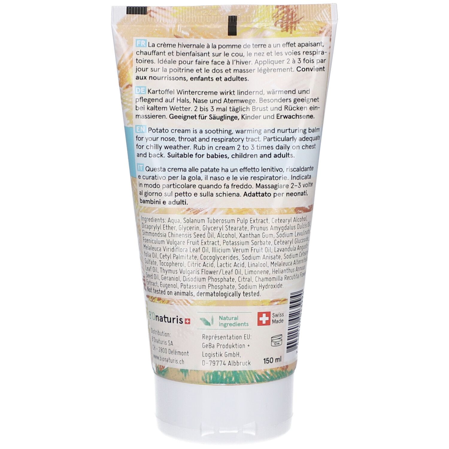 Rückseite der Creme-Tube. Text in mehreren Sprachen. Bionaturis Logo. Schweizer Kreuz. Inhaltsstoffe. 150 ml.