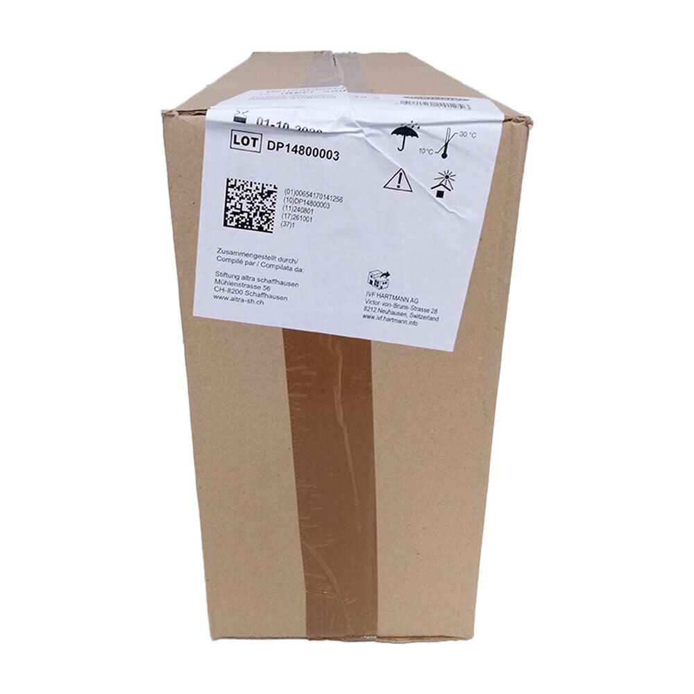 Brauner Karton mit Aufkleber. Aufkleber mit Text, QR-Code und Symbolen. LOT-Nummer DP14800003.