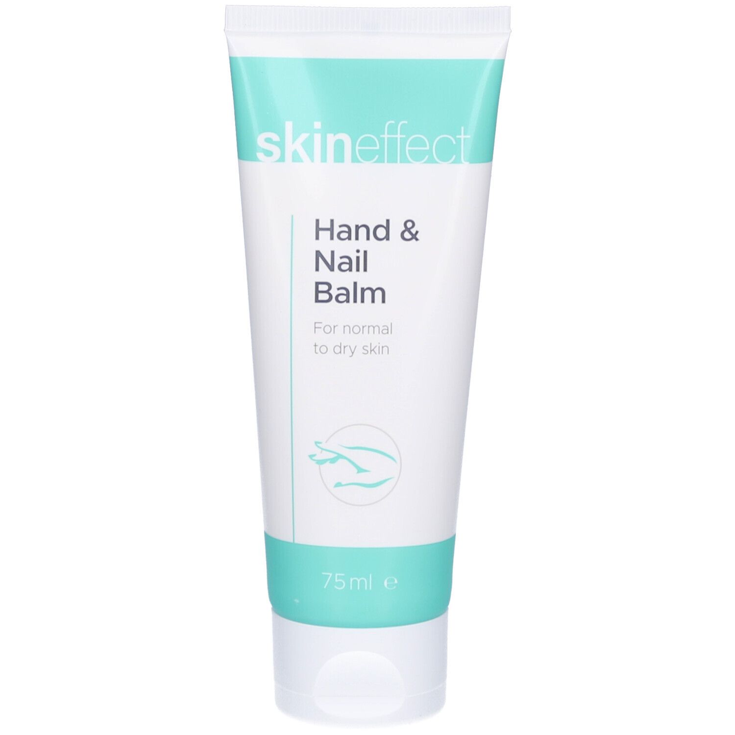 Tube blanche et turquoise. Inscription : skin effect, Hand & Nail Balm. Pour peaux normales à sèches. 75ml.