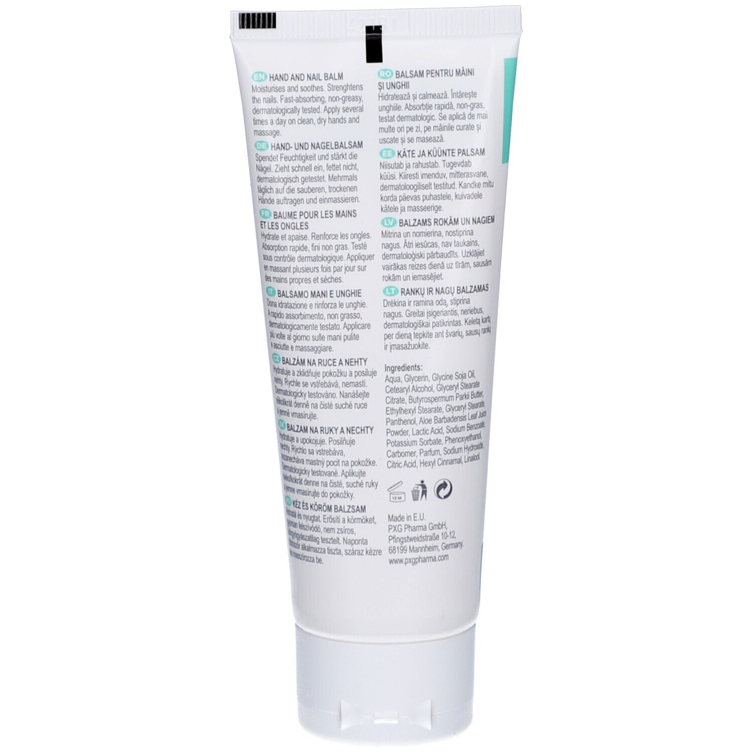 Dos du tube. Texte multilingue. Ingrédients et informations du fabricant.