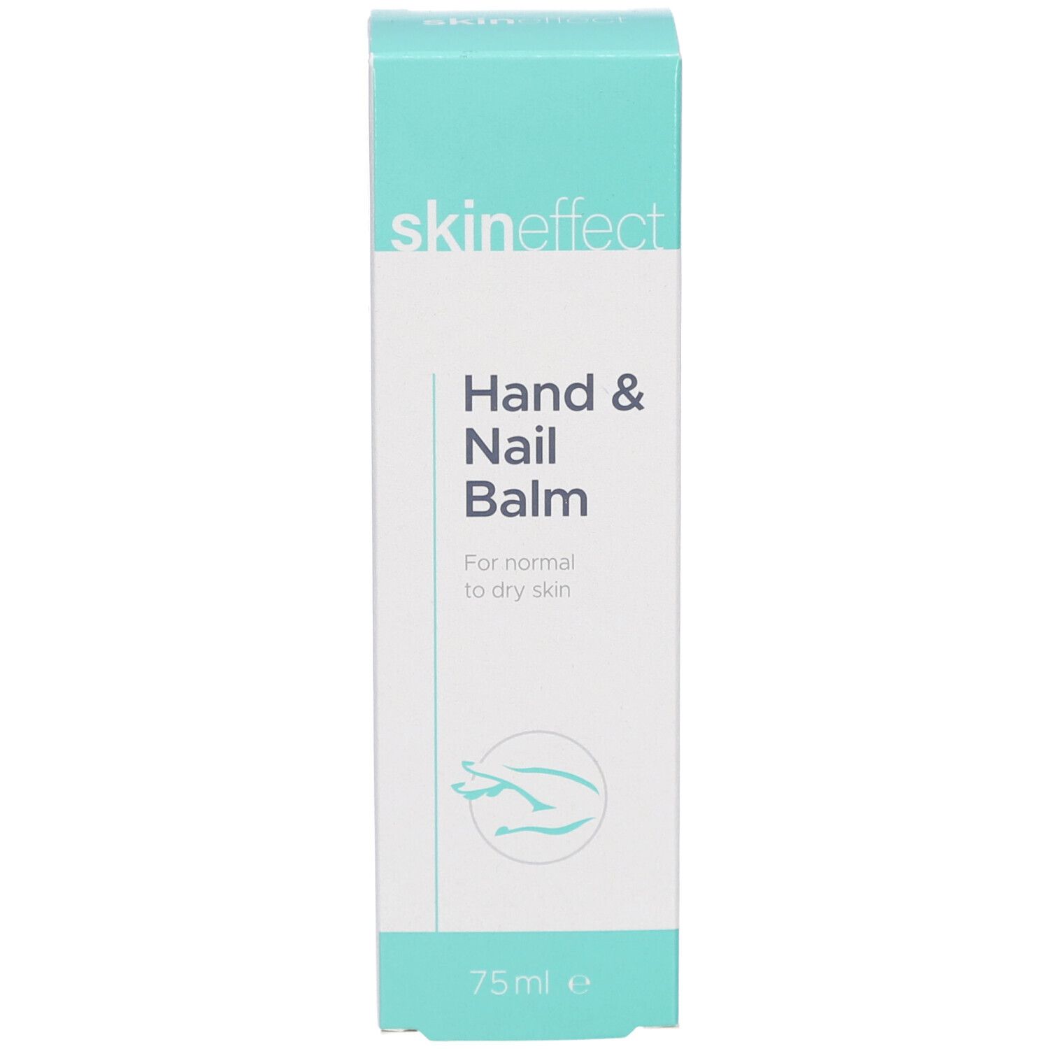 Boîte turquoise et blanche. Inscription : skin effect, Hand & Nail Balm. Pour peaux normales à sèches. 75ml.