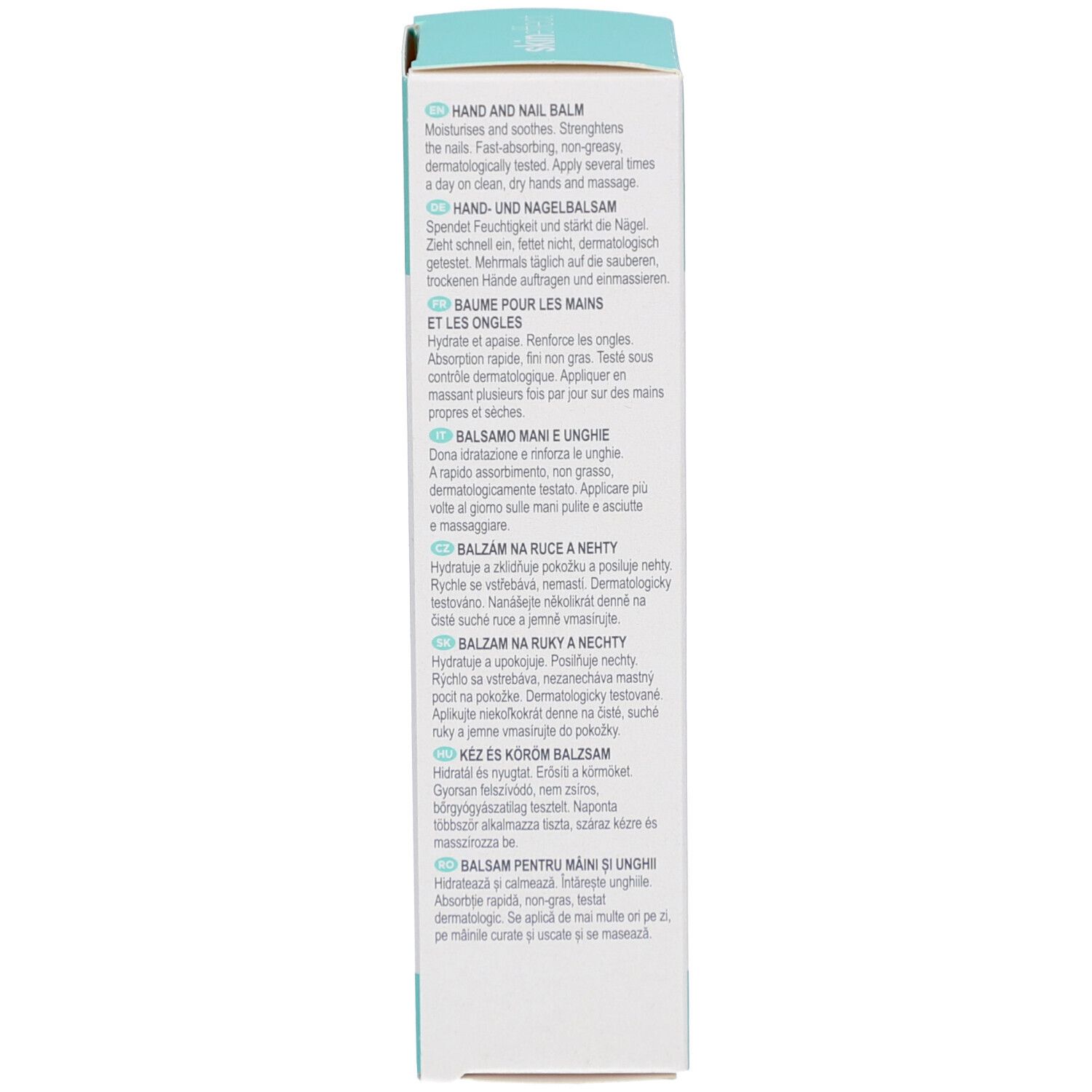 Dos de la boîte. Texte multilingue. Description du produit.