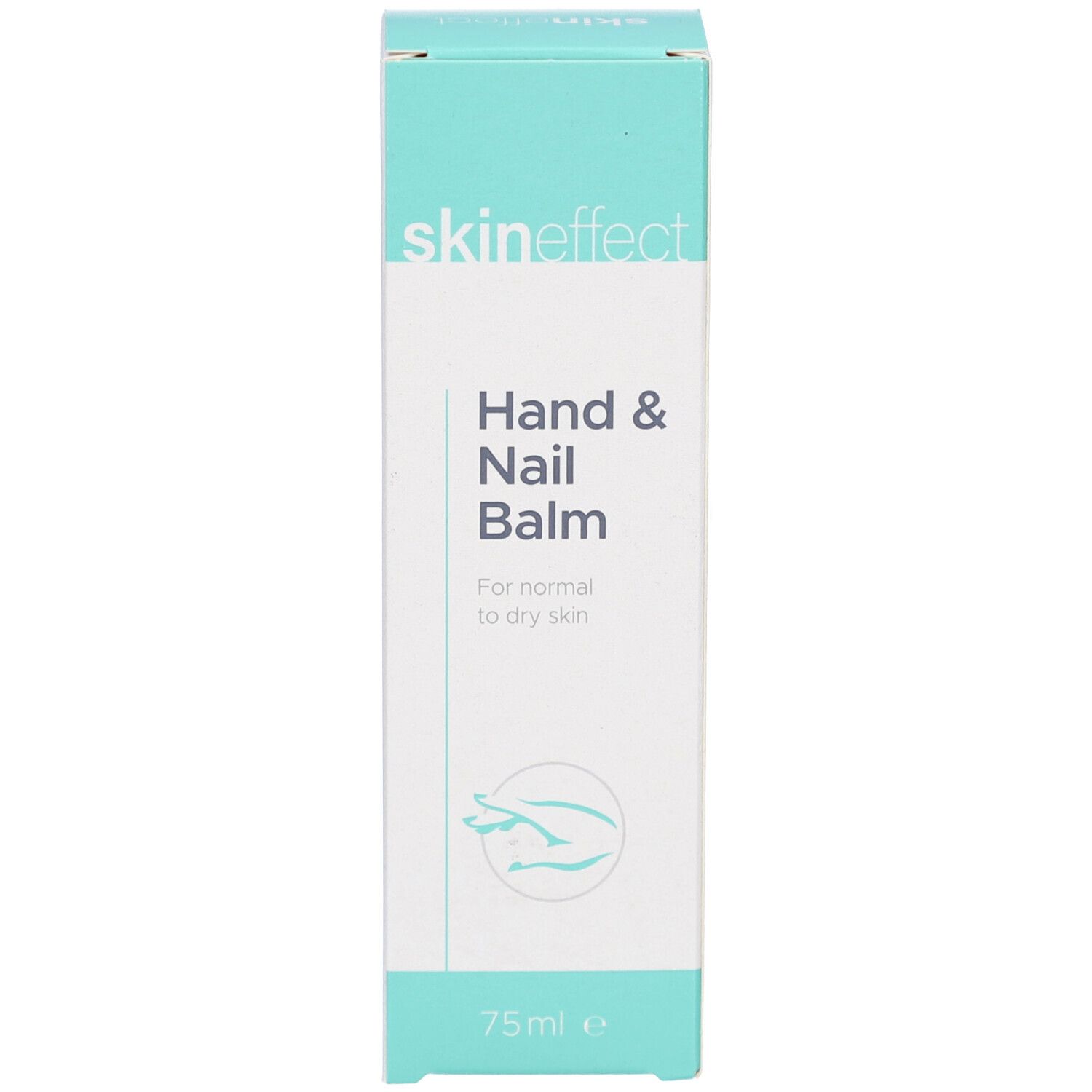 Boîte turquoise et blanche. Inscription : skin effect, Hand & Nail Balm. Pour peaux normales à sèches. 75ml.
