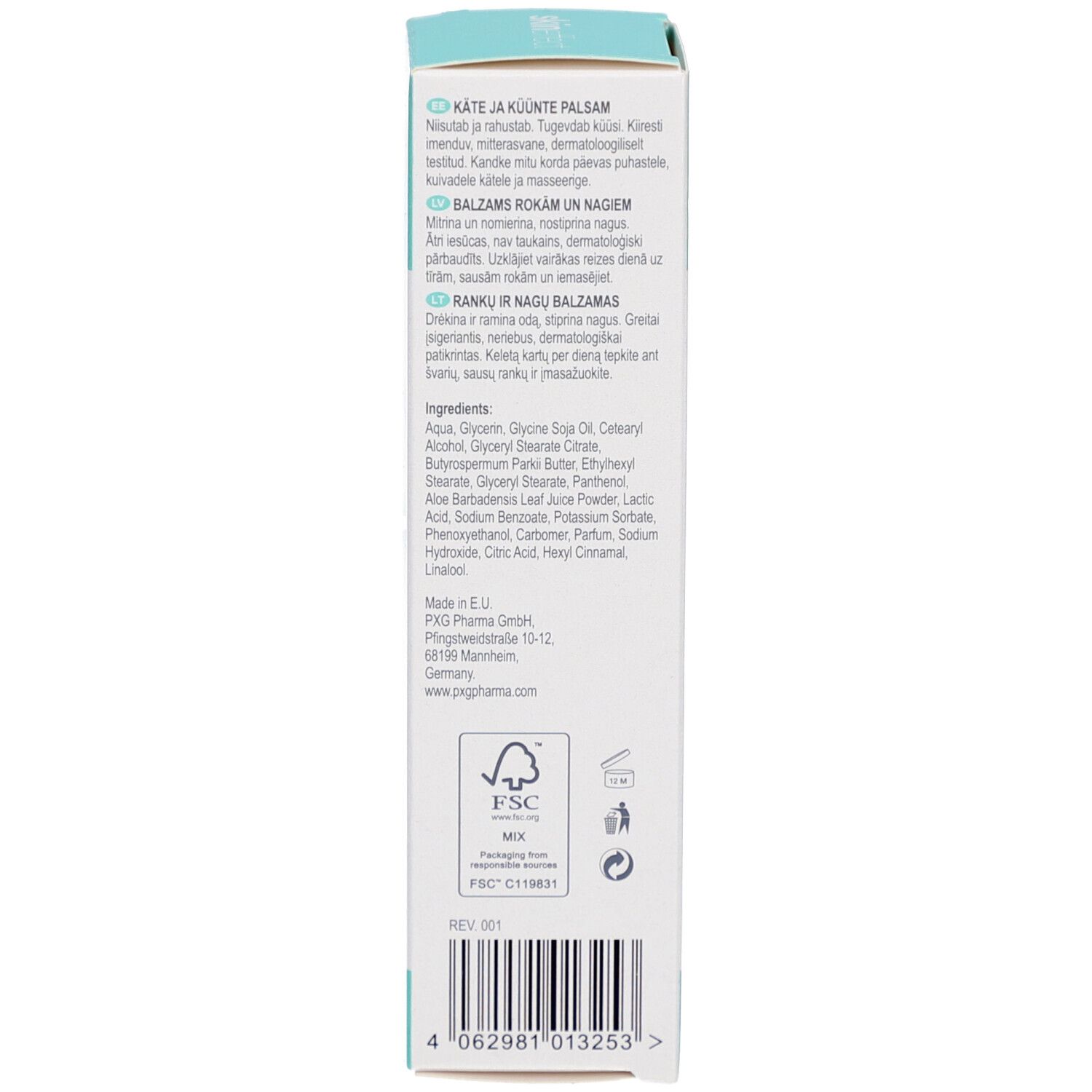 Dos de la boîte. Texte multilingue. Ingrédients, informations fabricant et logos.