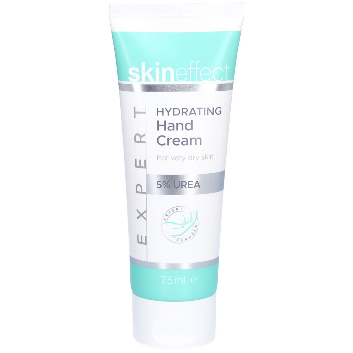 Tube de crème skin effect, Hydrating Hand Cream, 5% Urea. Design vert et blanc. 75 ml.