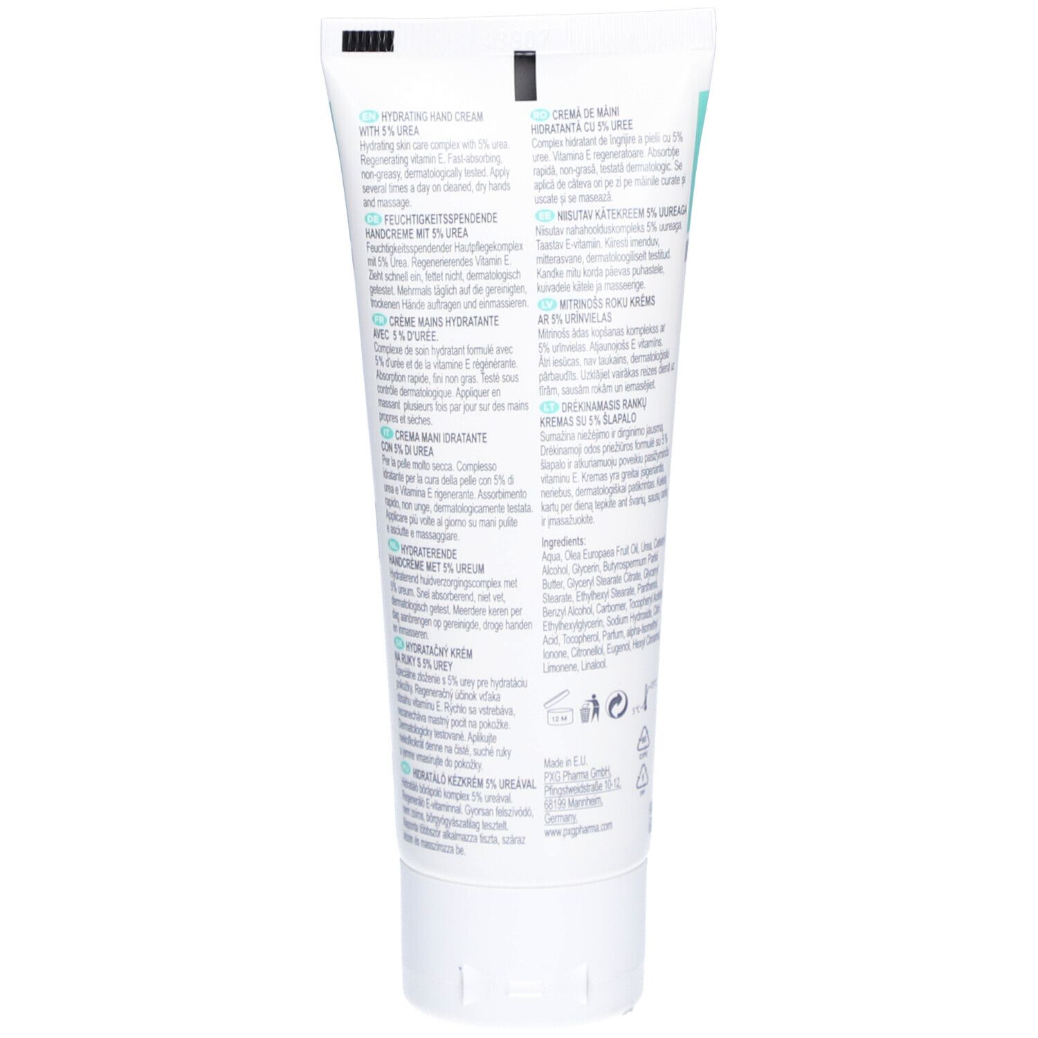 Dos du tube de crème. Texte multilingue. Ingrédients et informations du fabricant.