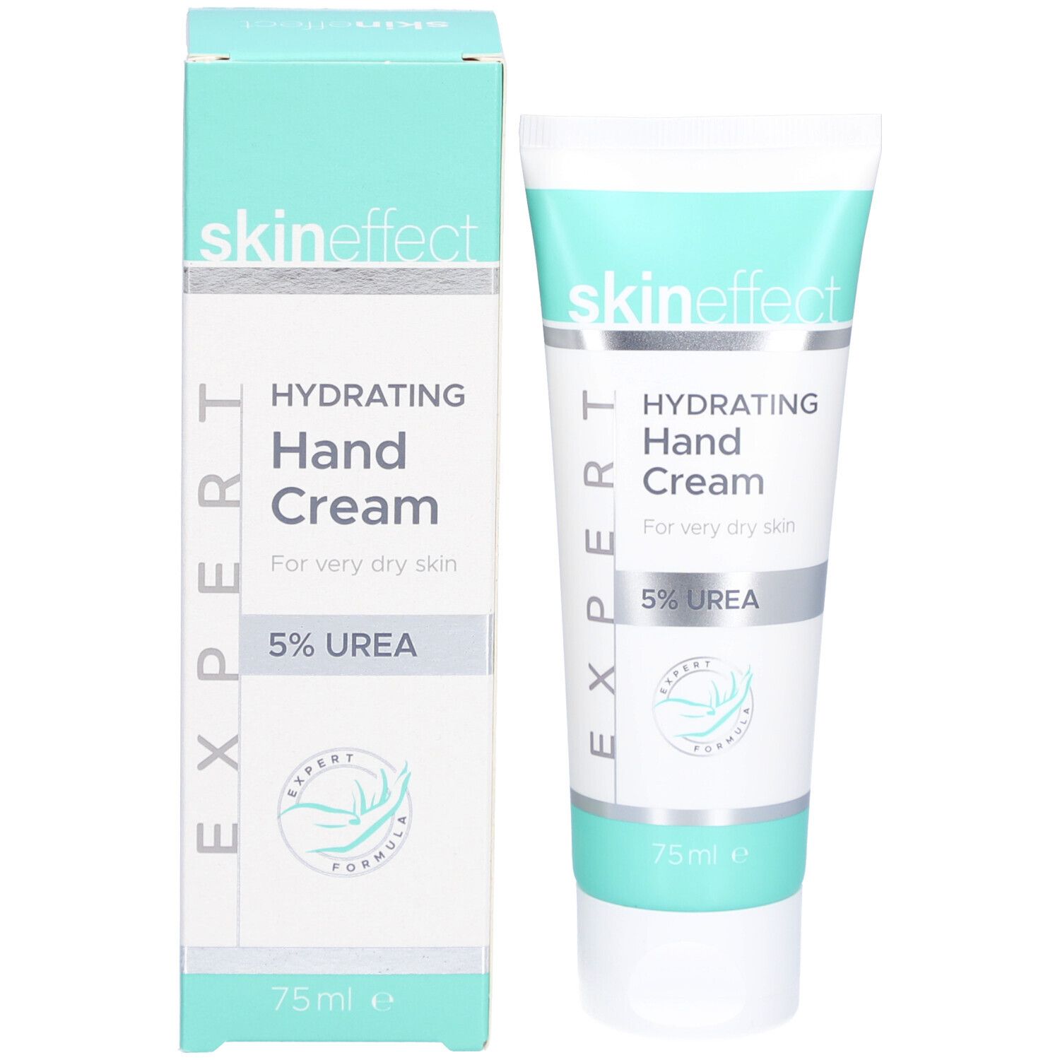 Tube de crème et boîte. Inscription skin effect, Hydrating Hand Cream, 5% Urea. Design vert et blanc.