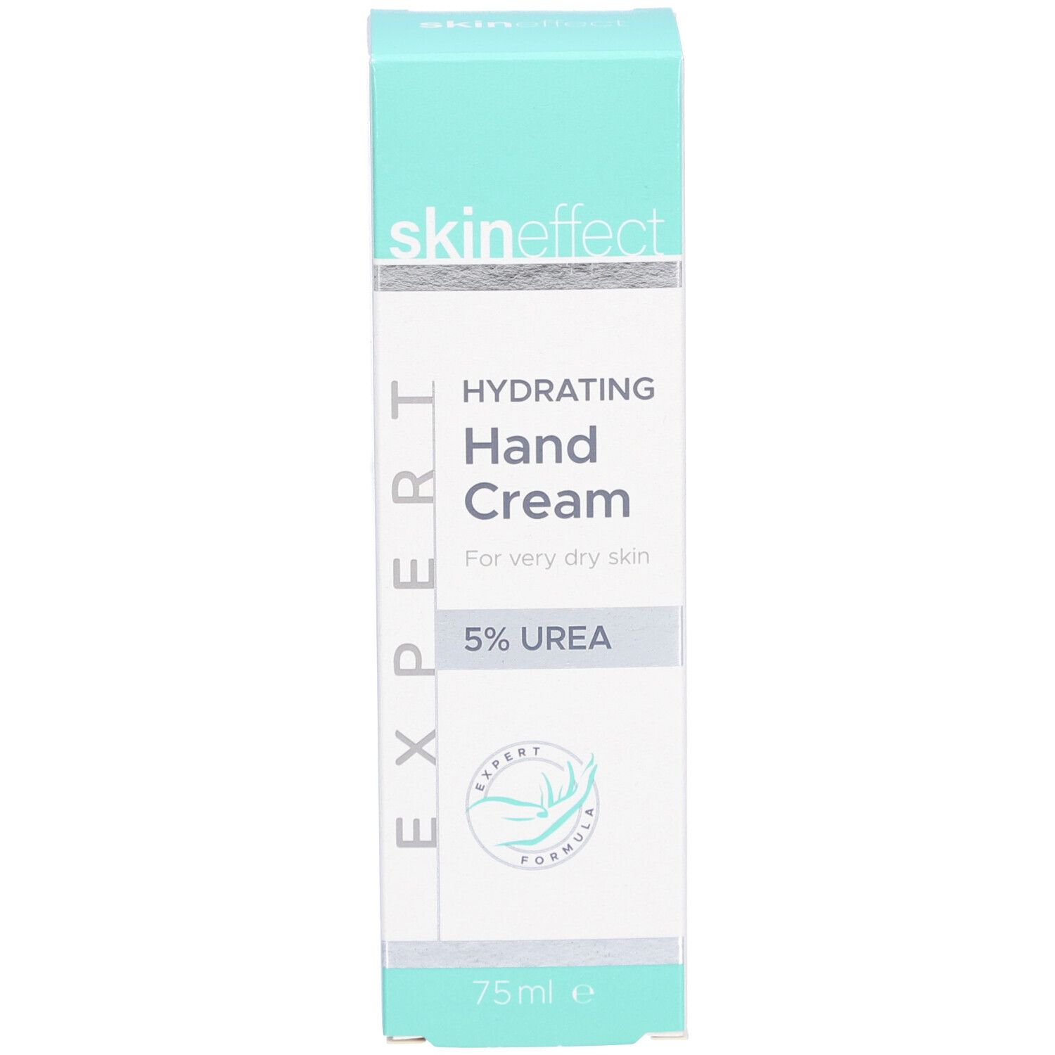 Boîte avec inscription skin effect, Hydrating Hand Cream, 5% Urea. Design vert et blanc. 75 ml.