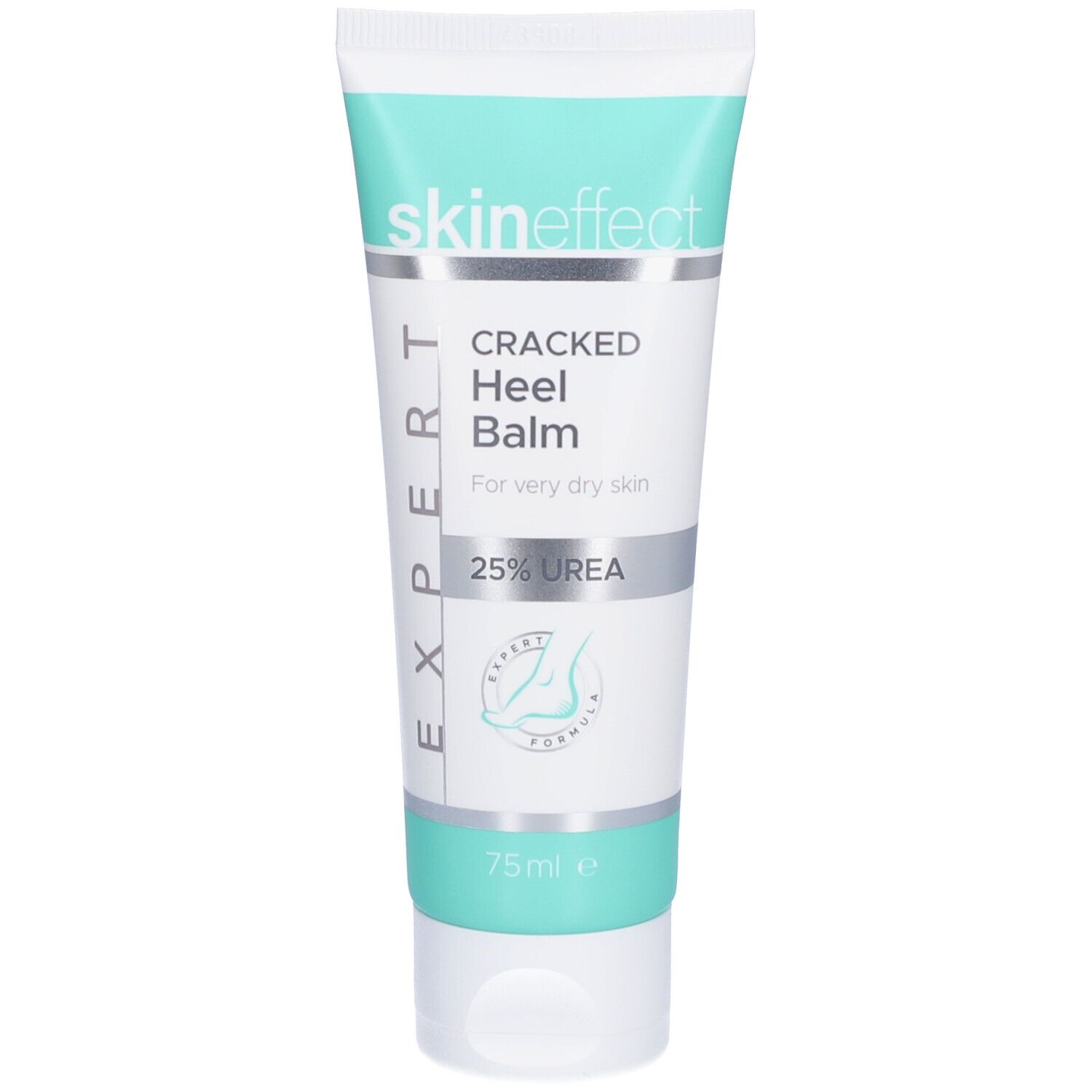 Tube de crème skin effect Cracked Heel Balm, 25% Urea. Tube blanc avec éléments turquoise.