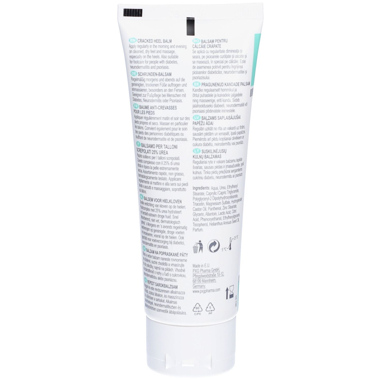 Dos du tube de crème avec texte en plusieurs langues. Contient des informations sur les ingrédients et l'utilisation.