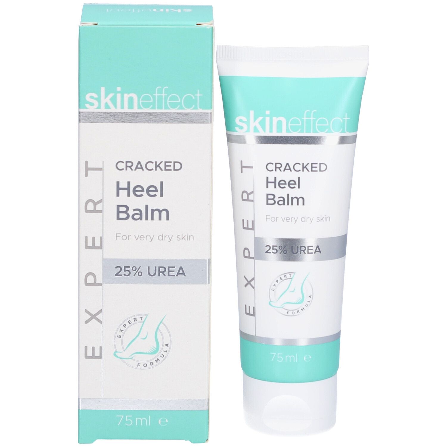 Emballage du produit avec tube de crème et boîte. Les deux affichent skin effect Cracked Heel Balm, 25% Urea.