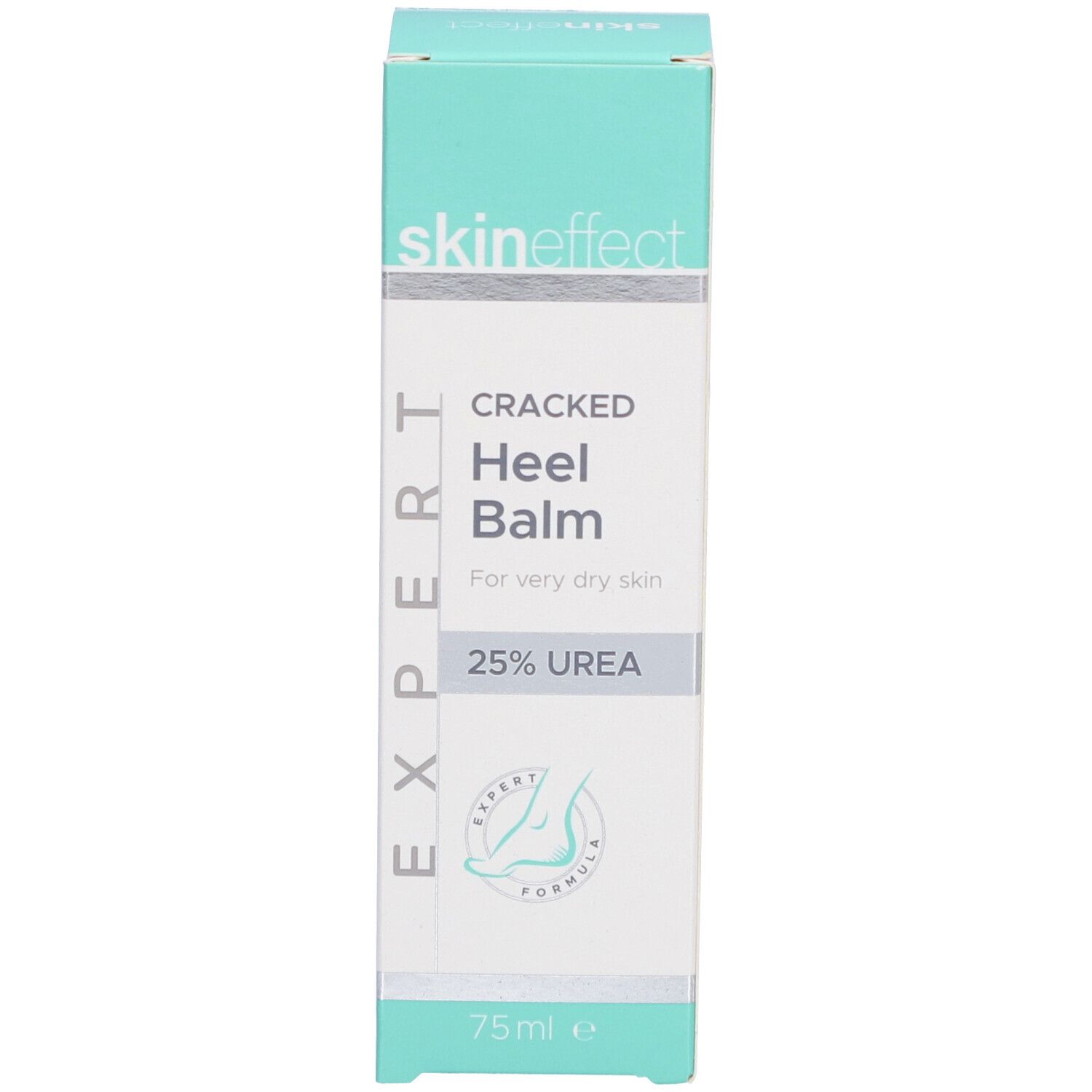 Emballage en carton avec l'inscription skin effect, Cracked Heel Balm, 25% Urea. Design turquoise et blanc.